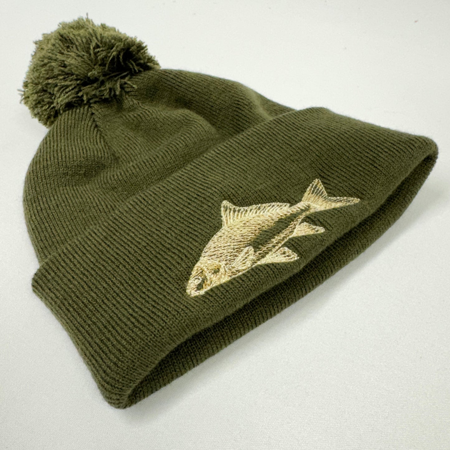 Carp Embroidered Khaki Fishing Beanie or Pompom Hat - Ideal for outdoor adventures of angling and fishing