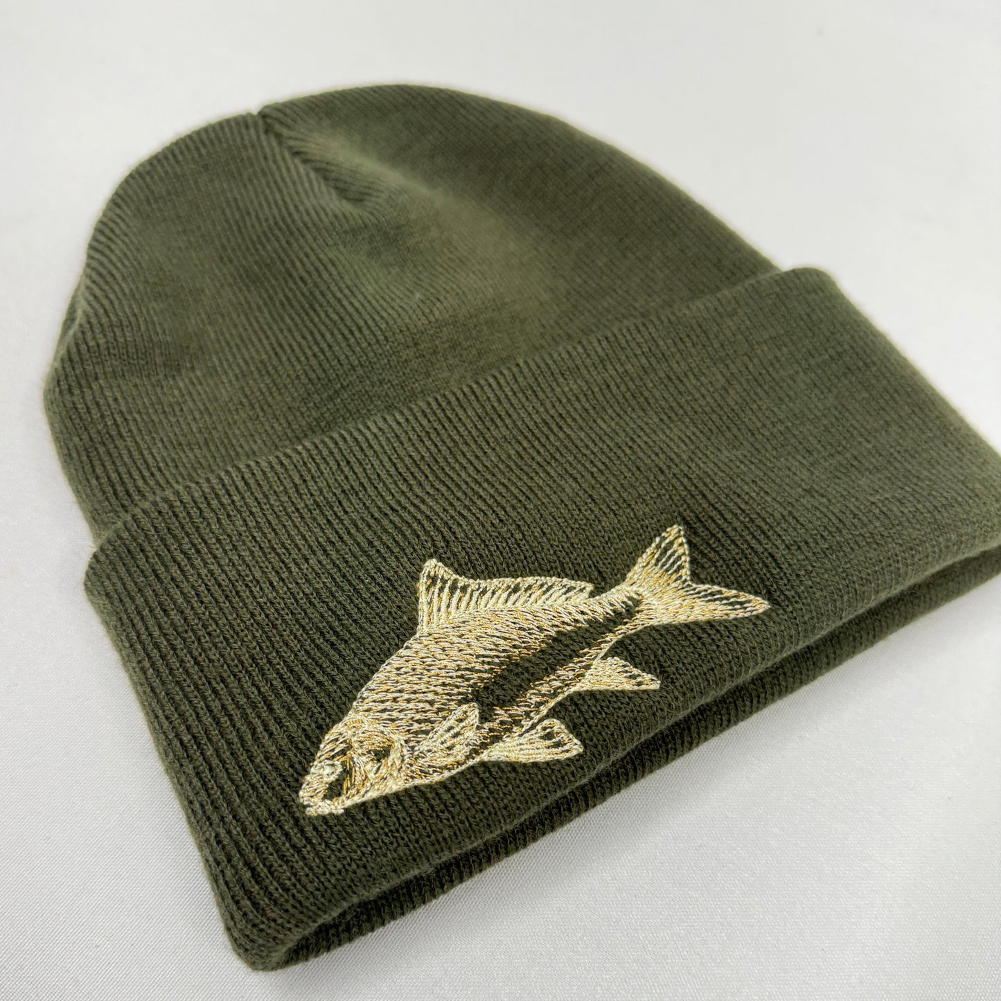 Carp Embroidered Khaki Fishing Beanie or Pompom Hat - Ideal for outdoor adventures of angling and fishing