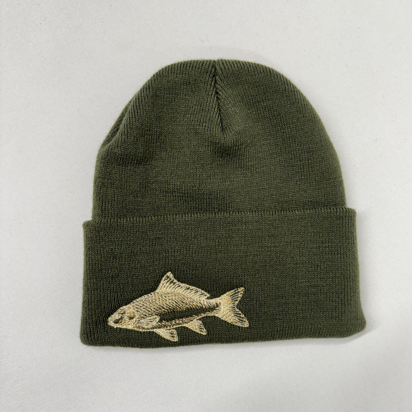 Carp Embroidered Khaki Fishing Beanie or Pompom Hat - Ideal for outdoor adventures of angling and fishing