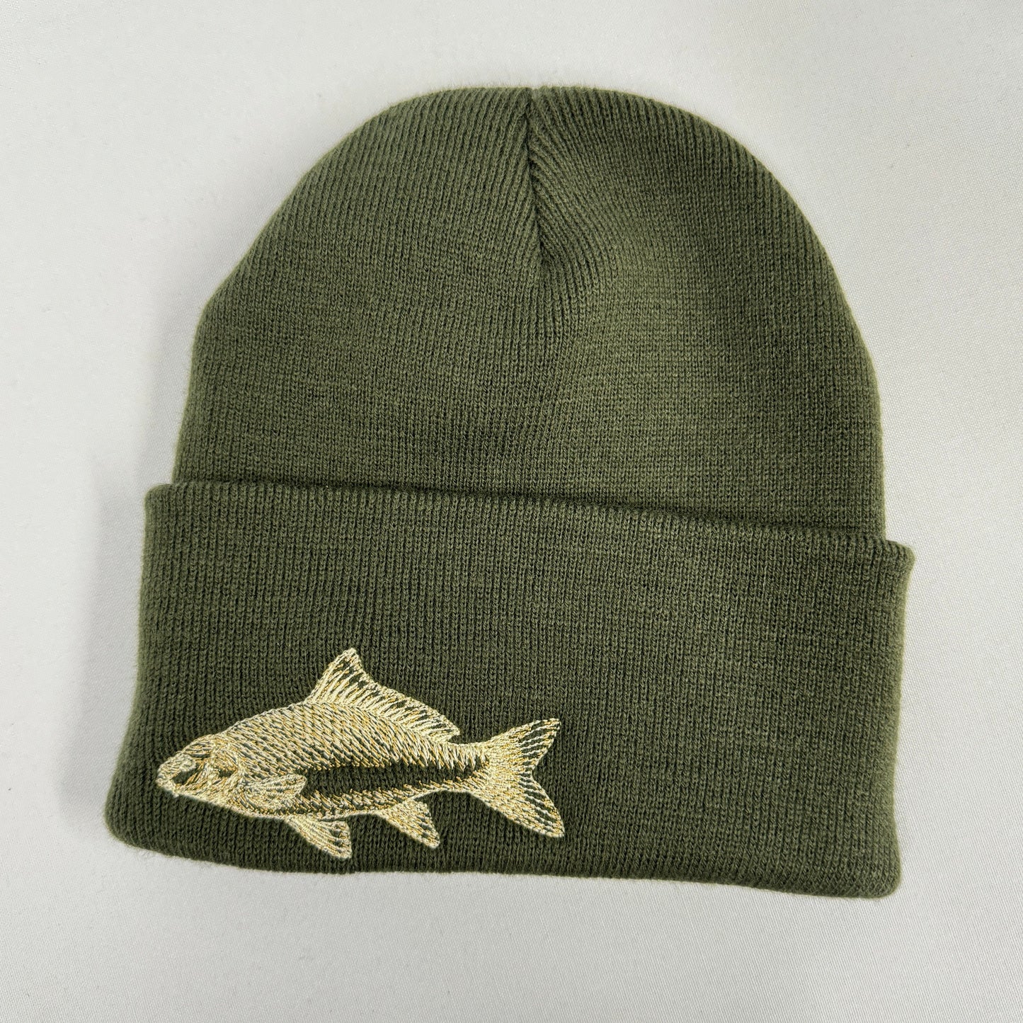 Carp Embroidered Khaki Fishing Beanie or Pompom Hat - Ideal for outdoor adventures of angling and fishing