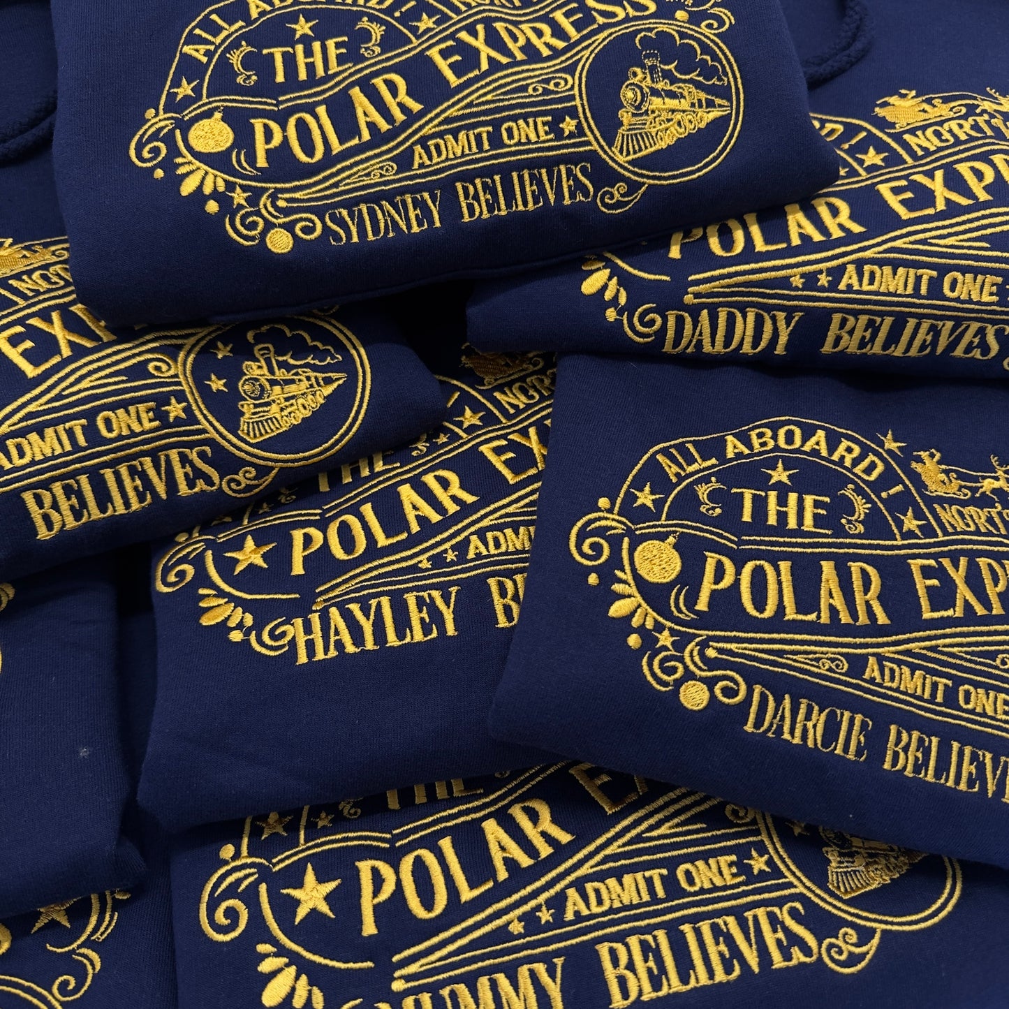 All Aboard! Christmas Polar Express Embroidered Sweater or Hoodie. Personalised for a Magical Train Ride