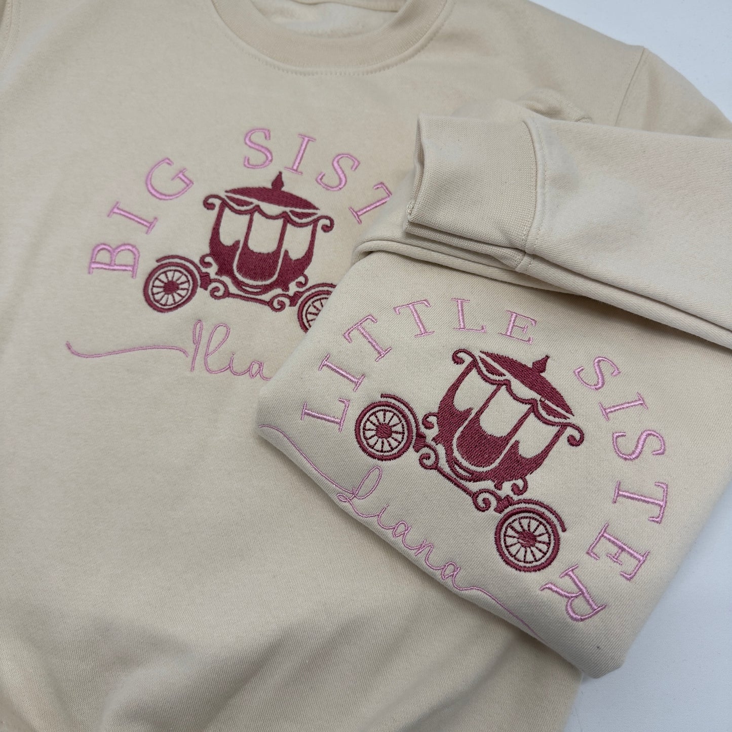 Big Sister Little Sister Personalised Embroidered Children's Soft Cotton Sweater with Princess Carriage