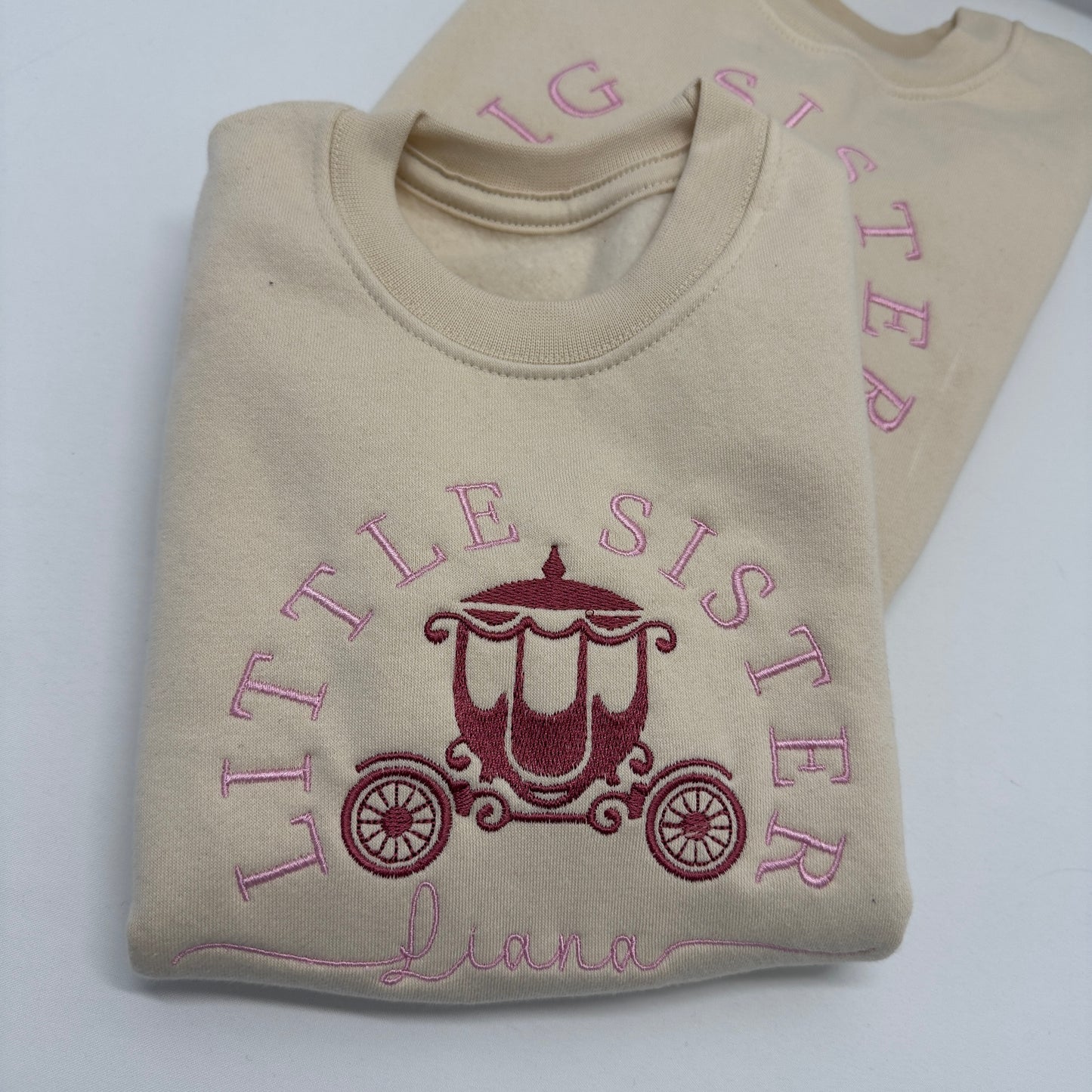 Big Sister Little Sister Personalised Embroidered Children's Soft Cotton Sweater with Princess Carriage