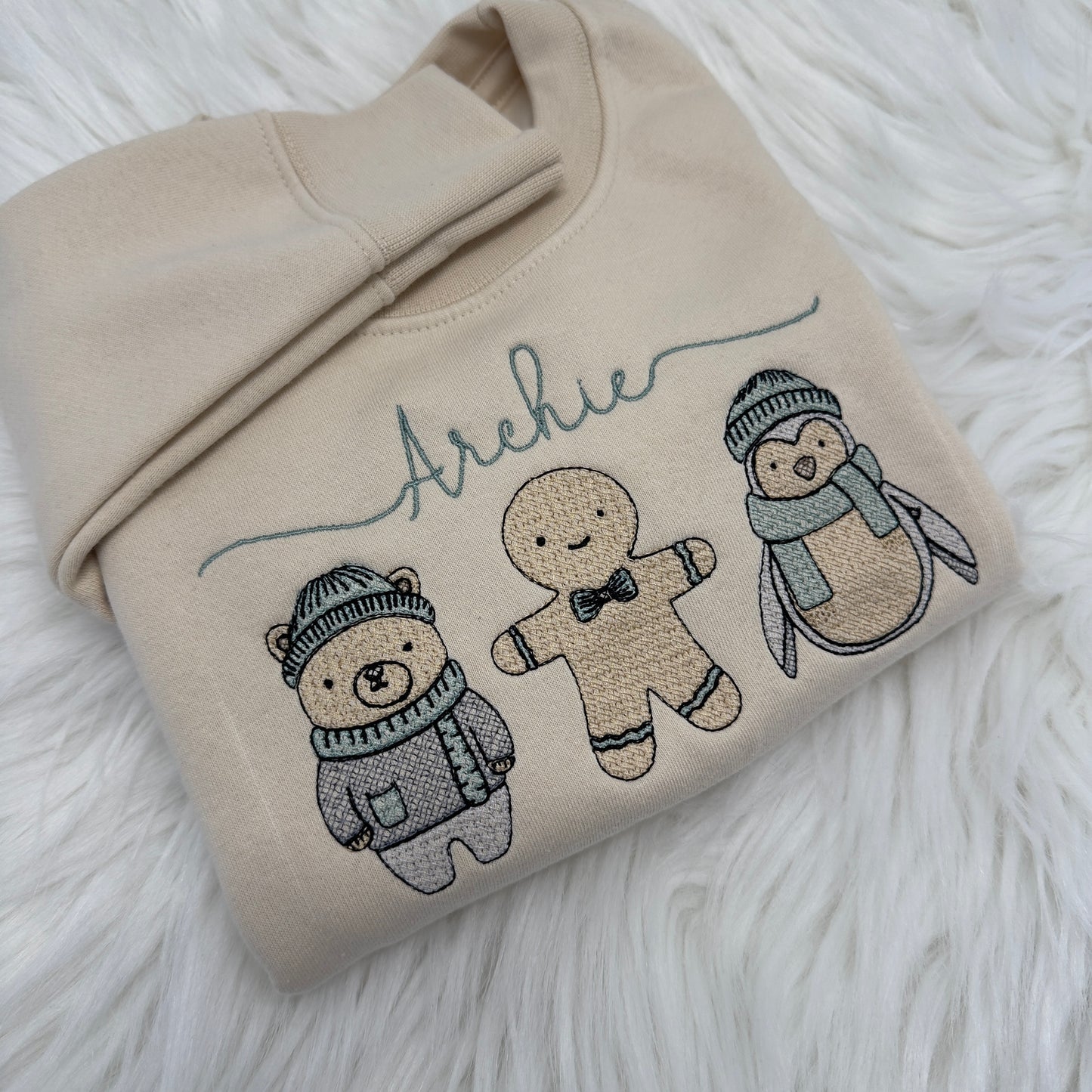 Winter friends Children’s Embroidered Sweater. Polar Bear, Gingerbread and Penguin. Personalised