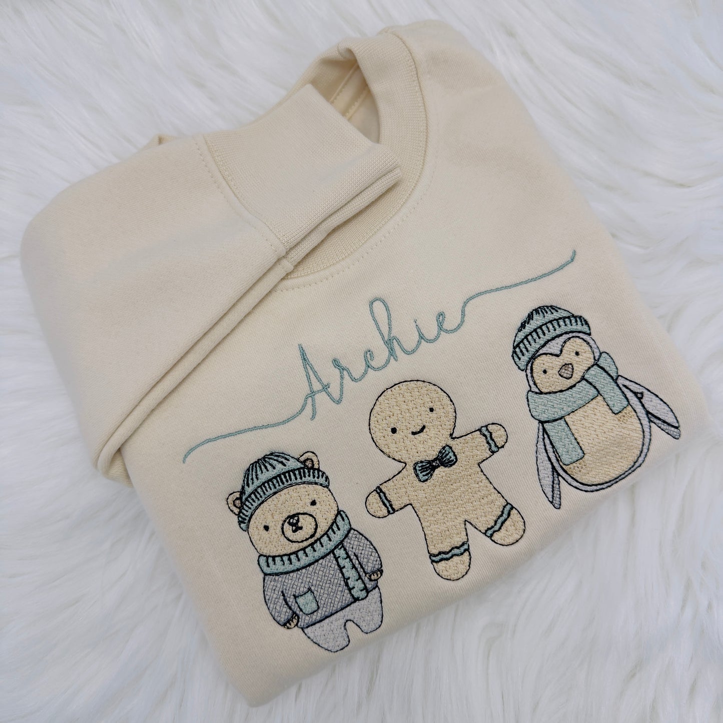 Winter friends Children’s Embroidered Sweater. Polar Bear, Gingerbread and Penguin. Personalised
