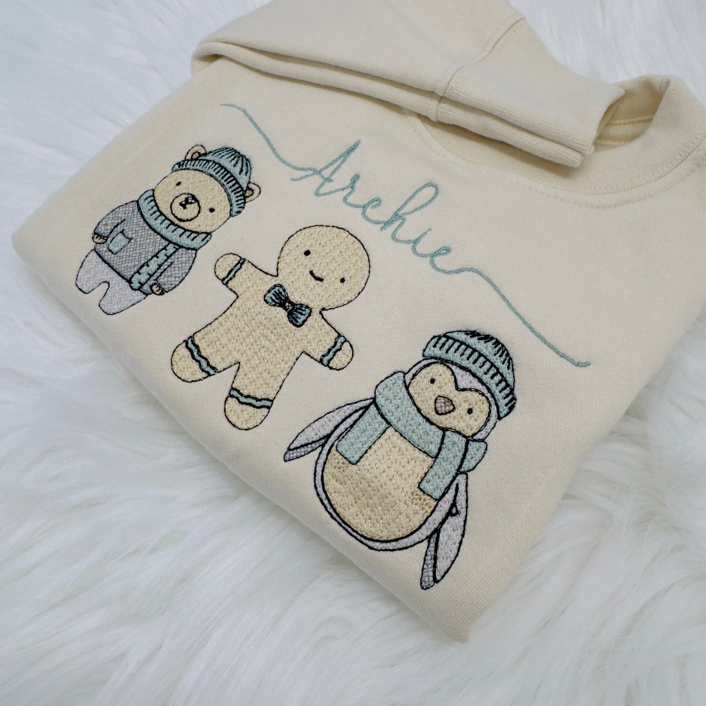 Winter friends Children’s Embroidered Sweater. Polar Bear, Gingerbread and Penguin. Personalised