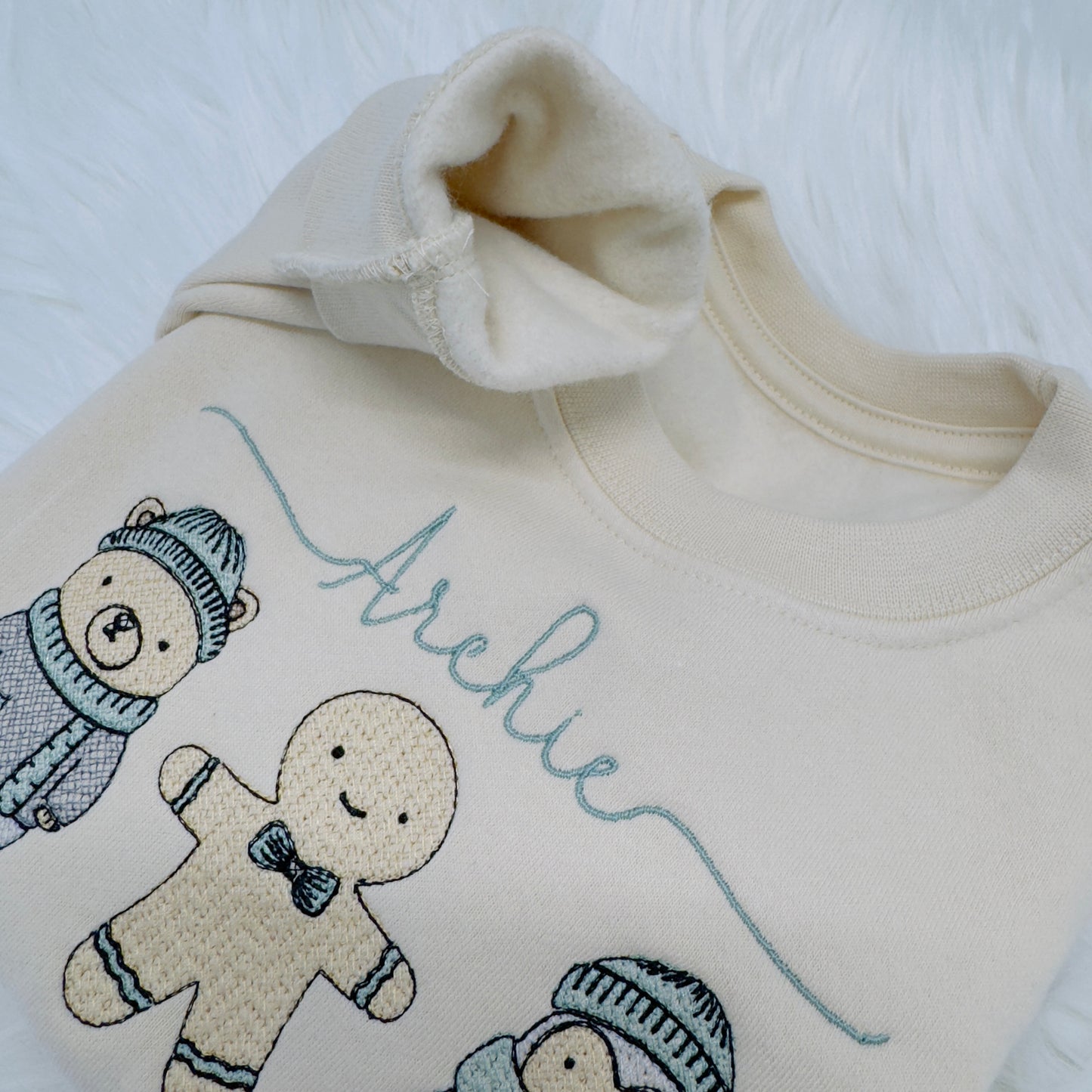 Winter friends Children’s Embroidered Sweater. Polar Bear, Gingerbread and Penguin. Personalised