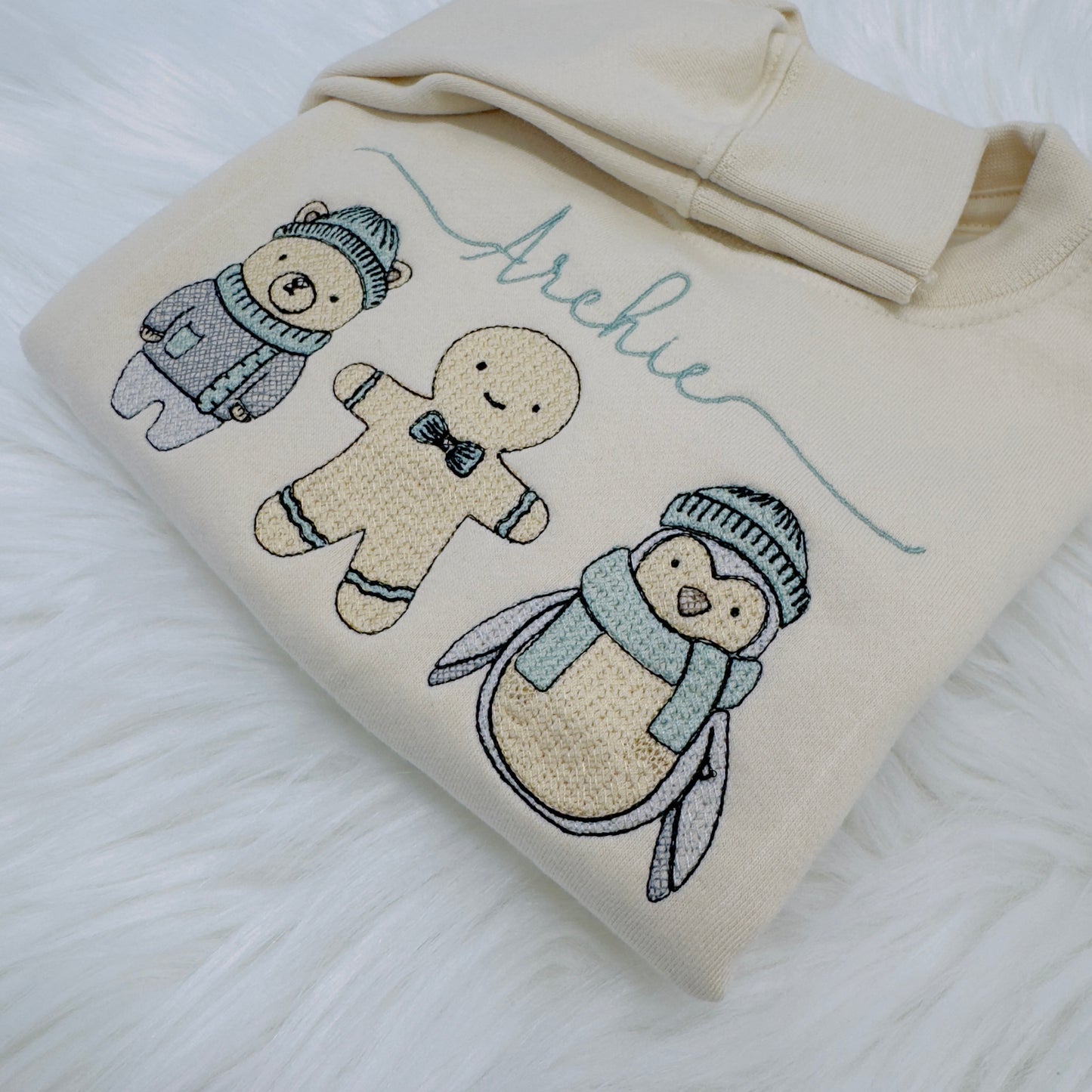 Winter friends Children’s Embroidered Sweater. Polar Bear, Gingerbread and Penguin. Personalised