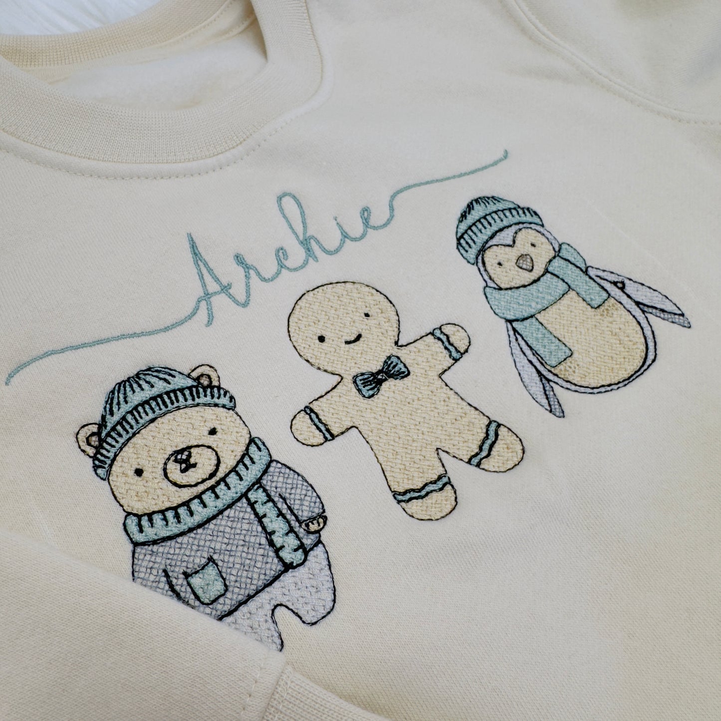 Winter friends Children’s Embroidered Sweater. Polar Bear, Gingerbread and Penguin. Personalised