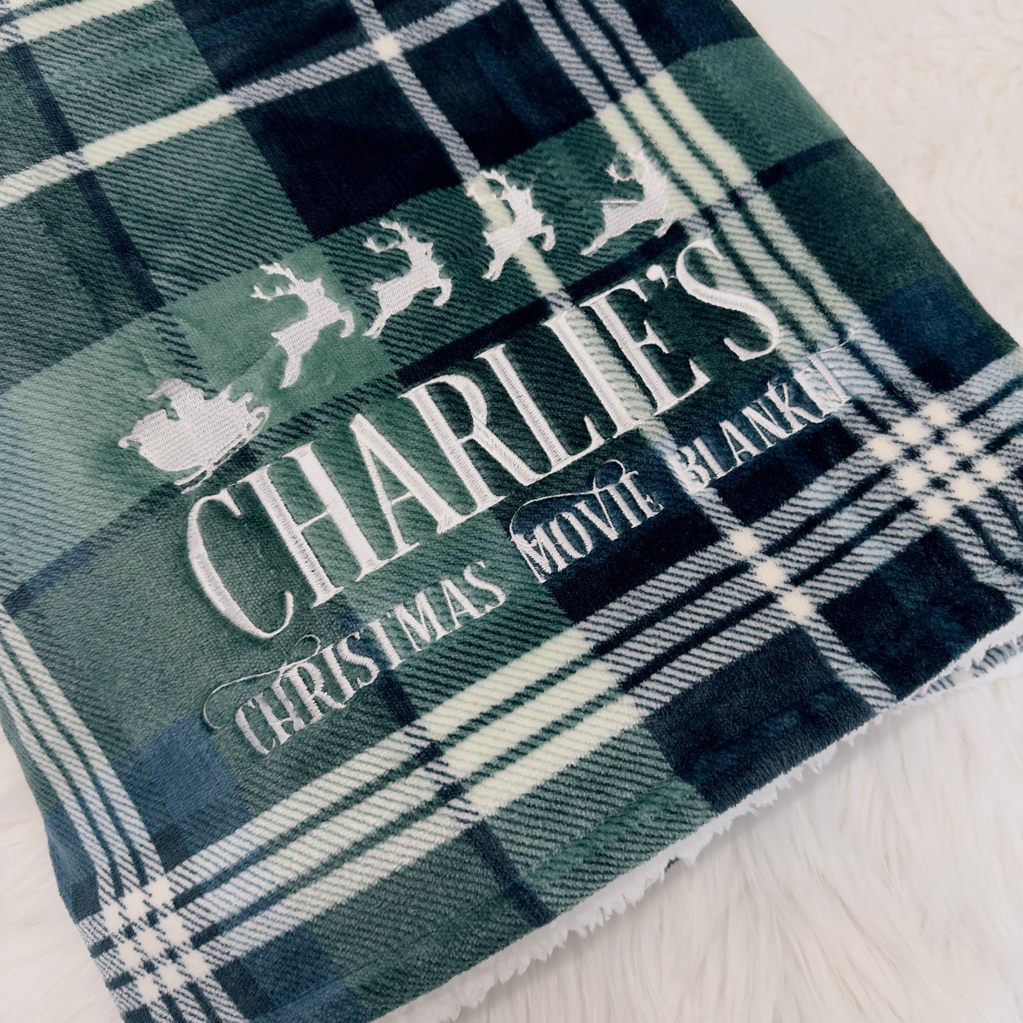 Christmas Movie Tartan Sherpa Blanket Personalised with Embroidery