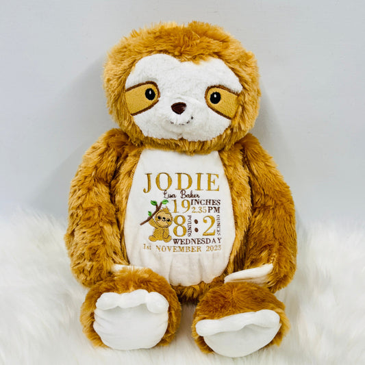 This is a super cute sloth teddy measuring approximately 47cm tall. The sloth's belly is embroidered with a new baby's birth stats. Lovely keepsake gift idea for a new baby boy or girl.