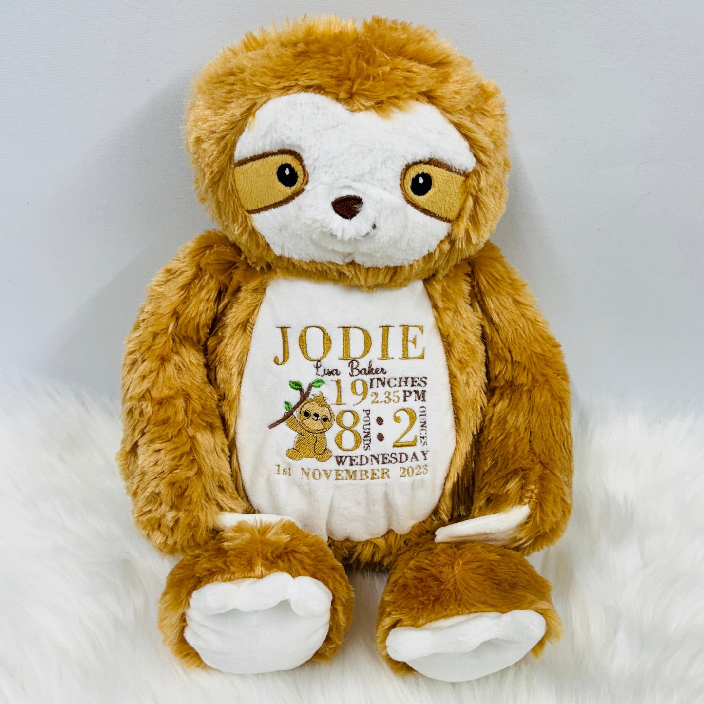 Adorable Sloth Teddy with Embroidered Baby Birth Stats 47cm Tall
