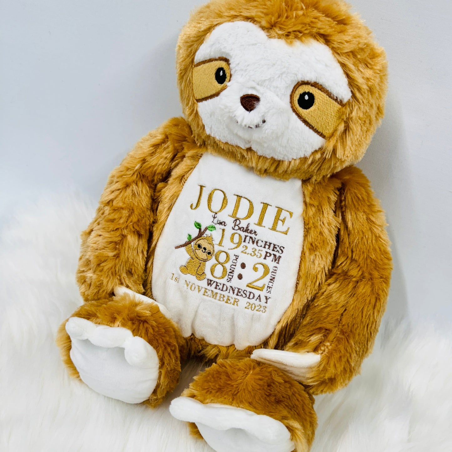 Adorable Sloth Teddy with Embroidered Baby Birth Stats 47cm Tall
