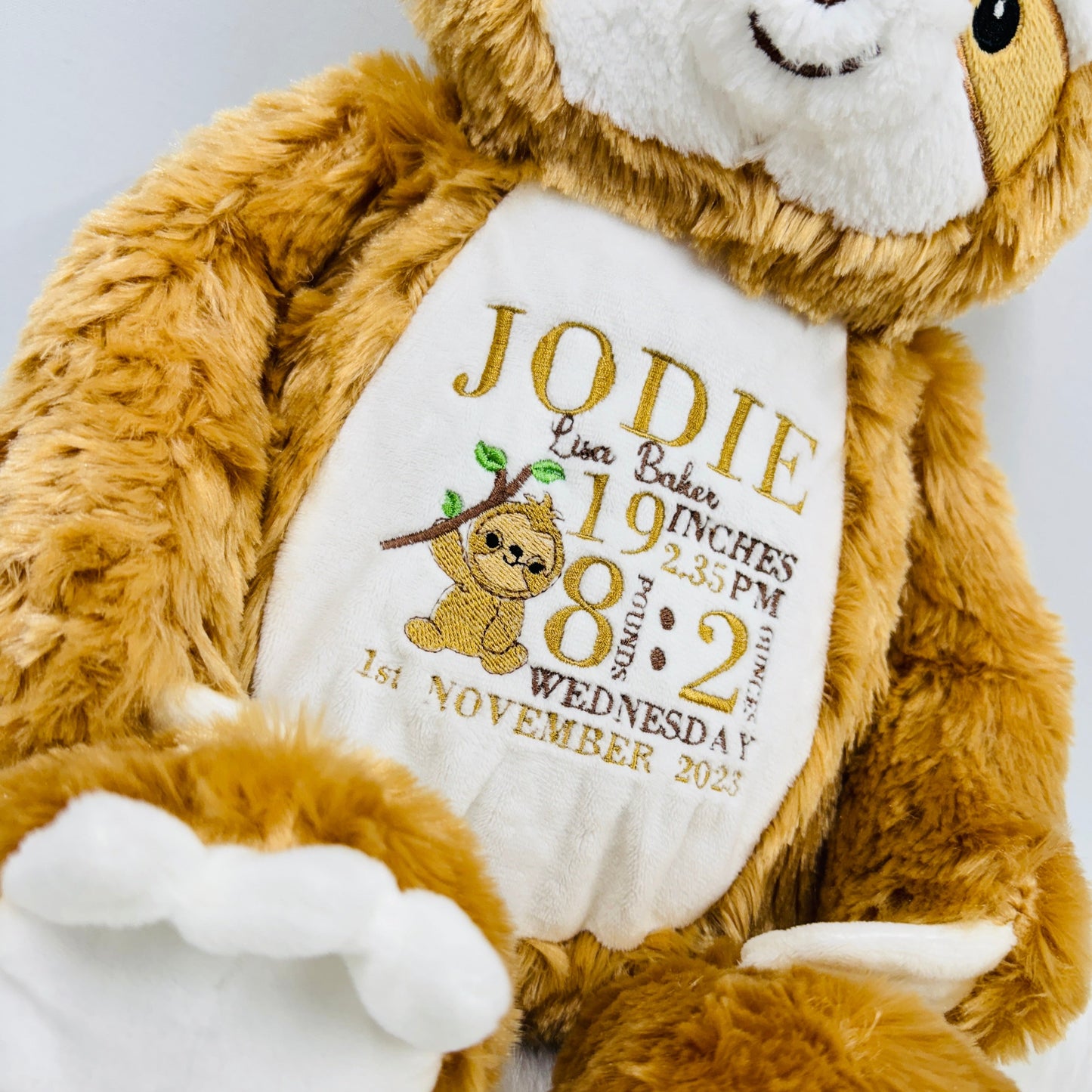 Adorable Sloth Teddy with Embroidered Baby Birth Stats 47cm Tall
