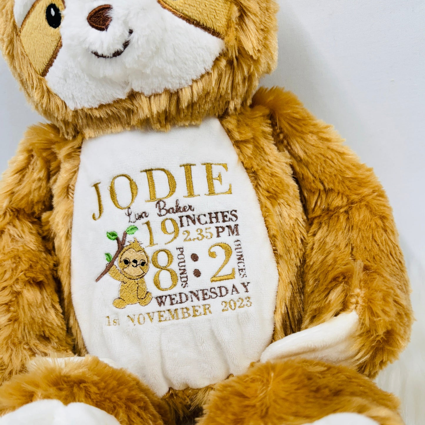 Adorable Sloth Teddy with Embroidered Baby Birth Stats 47cm Tall