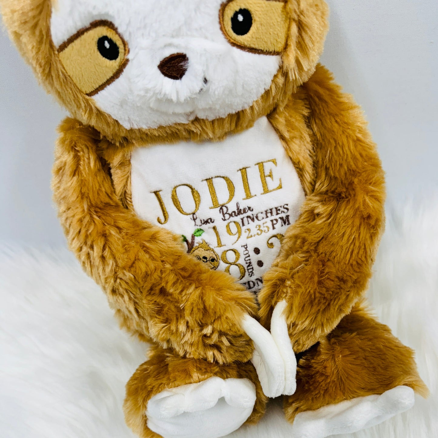Adorable Sloth Teddy with Embroidered Baby Birth Stats 47cm Tall