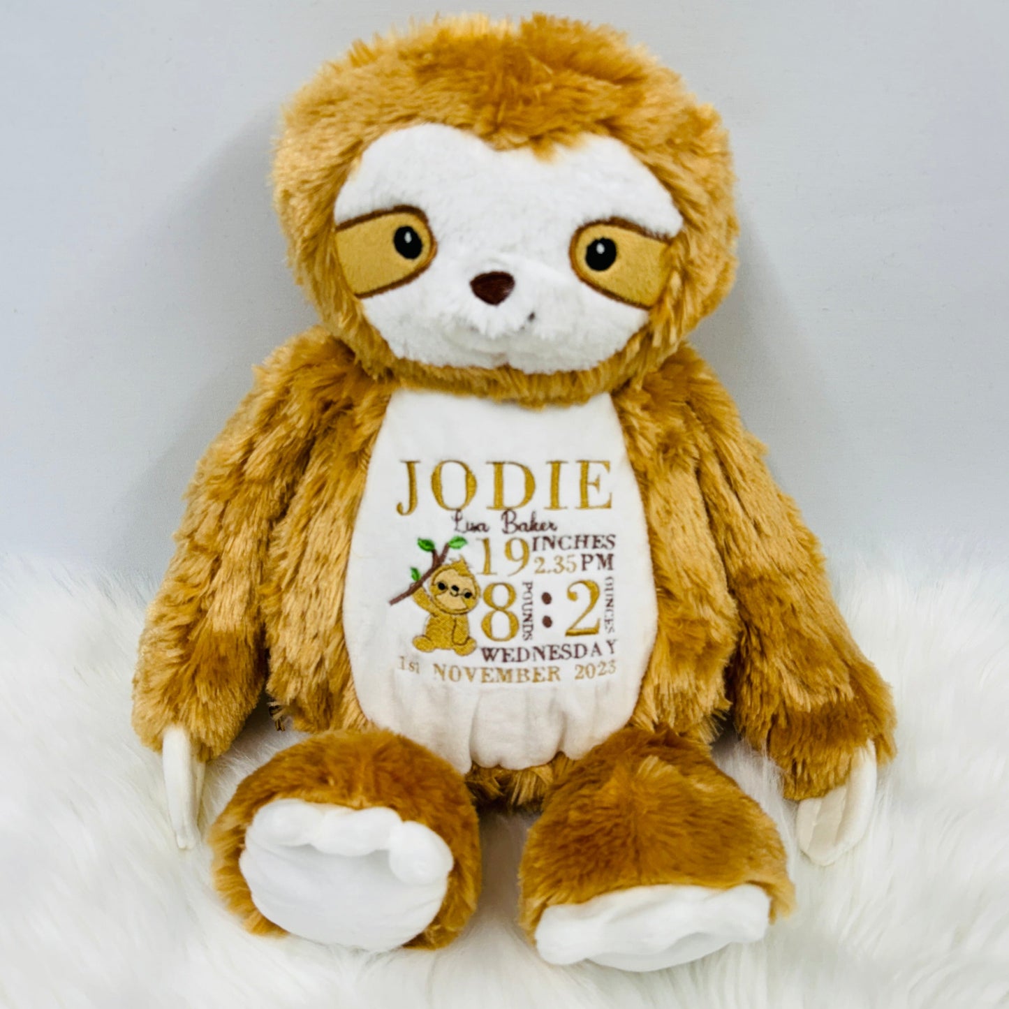Adorable Sloth Teddy with Embroidered Baby Birth Stats 47cm Tall