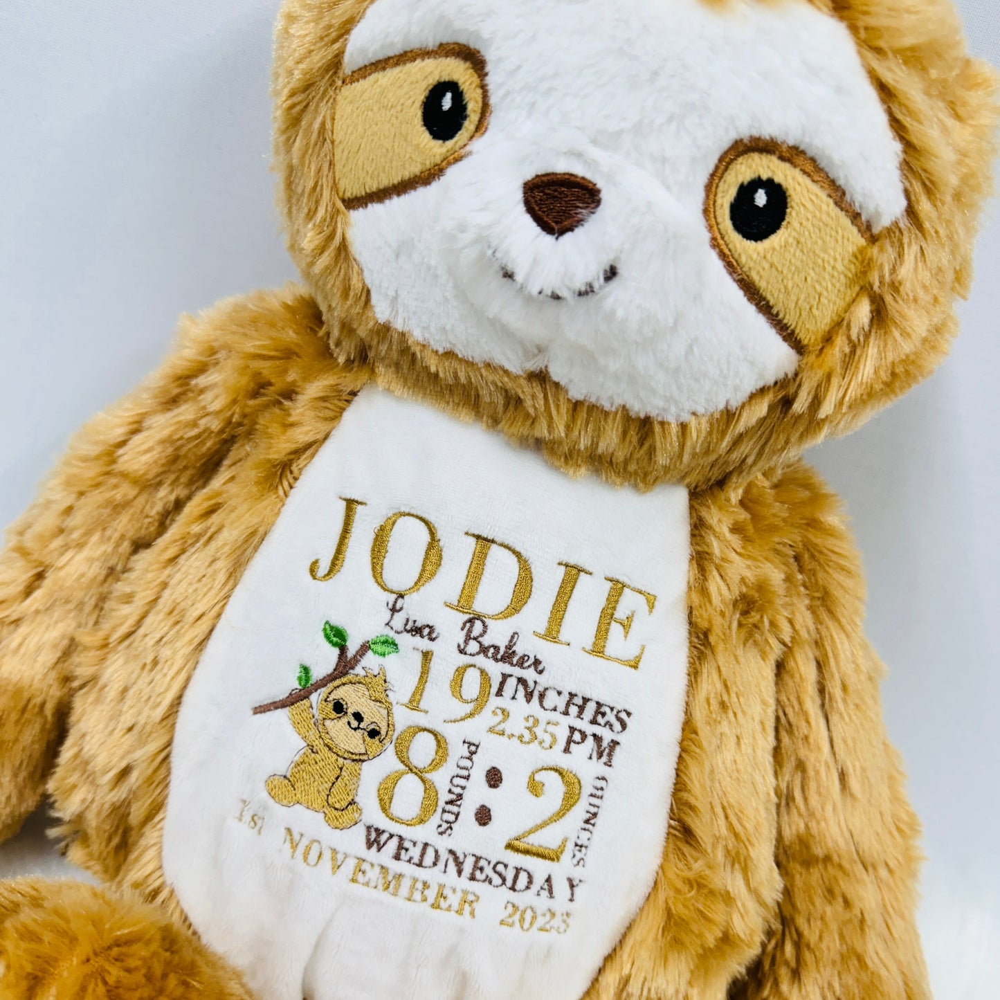 Adorable Sloth Teddy with Embroidered Baby Birth Stats 47cm Tall
