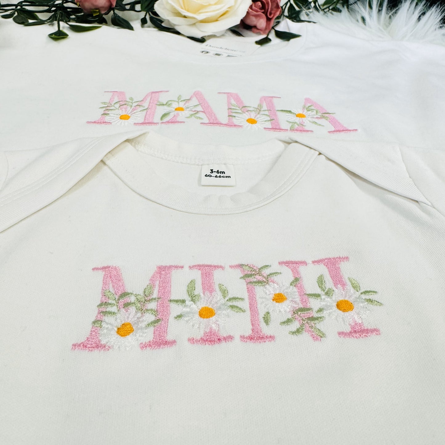 Mama and Mini Matching T-Shirt Set - Embroidered Mama and Mini with Daisy Design - Choose from Various Garment Colours