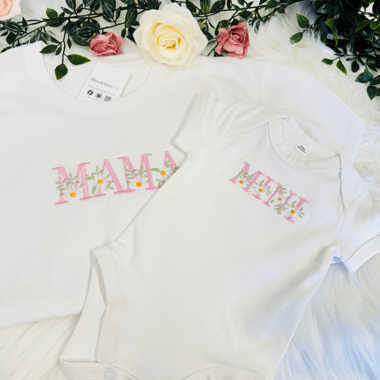 Mama and Mini Matching T-Shirt Set - Embroidered Mama and Mini with Daisy Design - Choose from Various Garment Colours