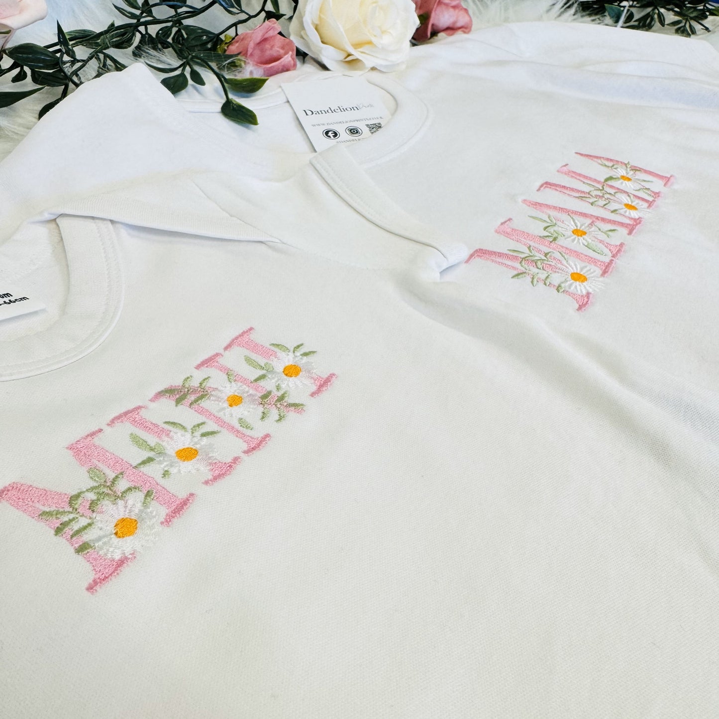 Mama and Mini Matching T-Shirt Set - Embroidered Mama and Mini with Daisy Design - Choose from Various Garment Colours