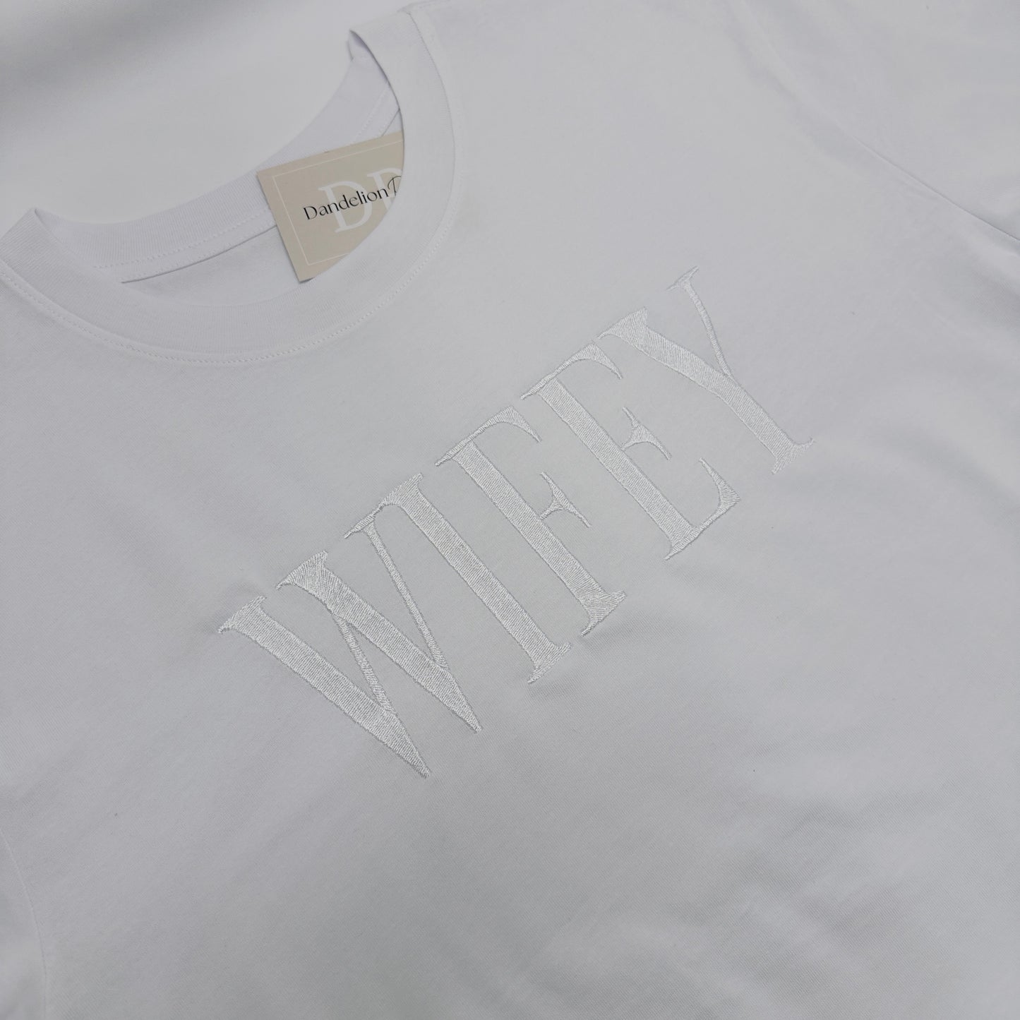 Wifey or Hubby Embroidered White Organic T-Shirt. Wedding Gift Idea.