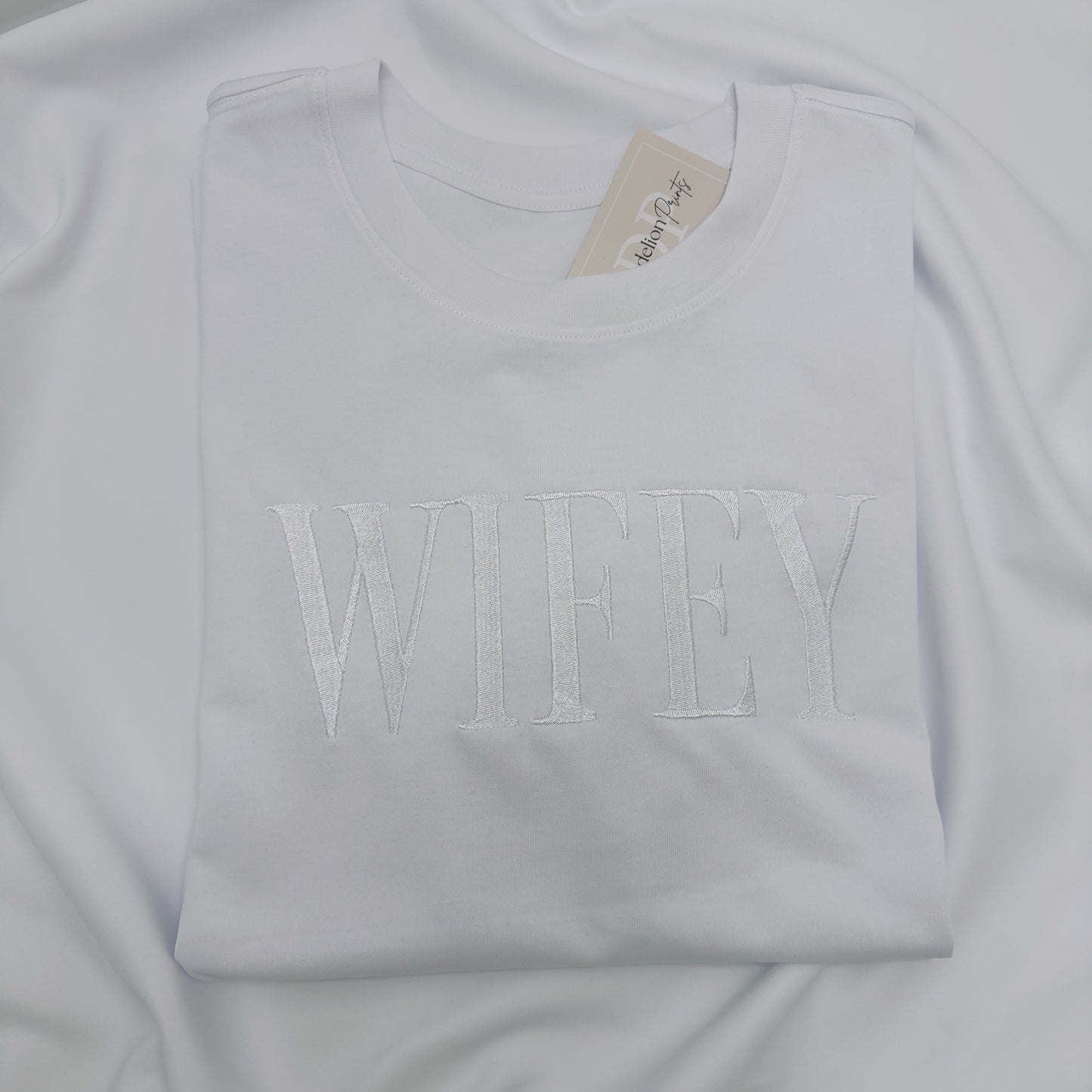 Wifey or Hubby Embroidered White Organic T-Shirt. Wedding Gift Idea.
