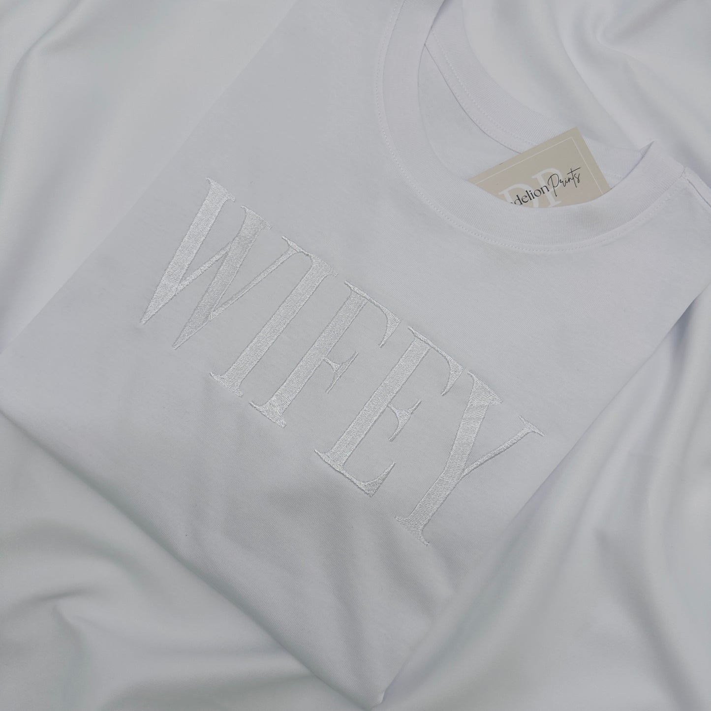 Wifey or Hubby Embroidered White Organic T-Shirt. Wedding Gift Idea.