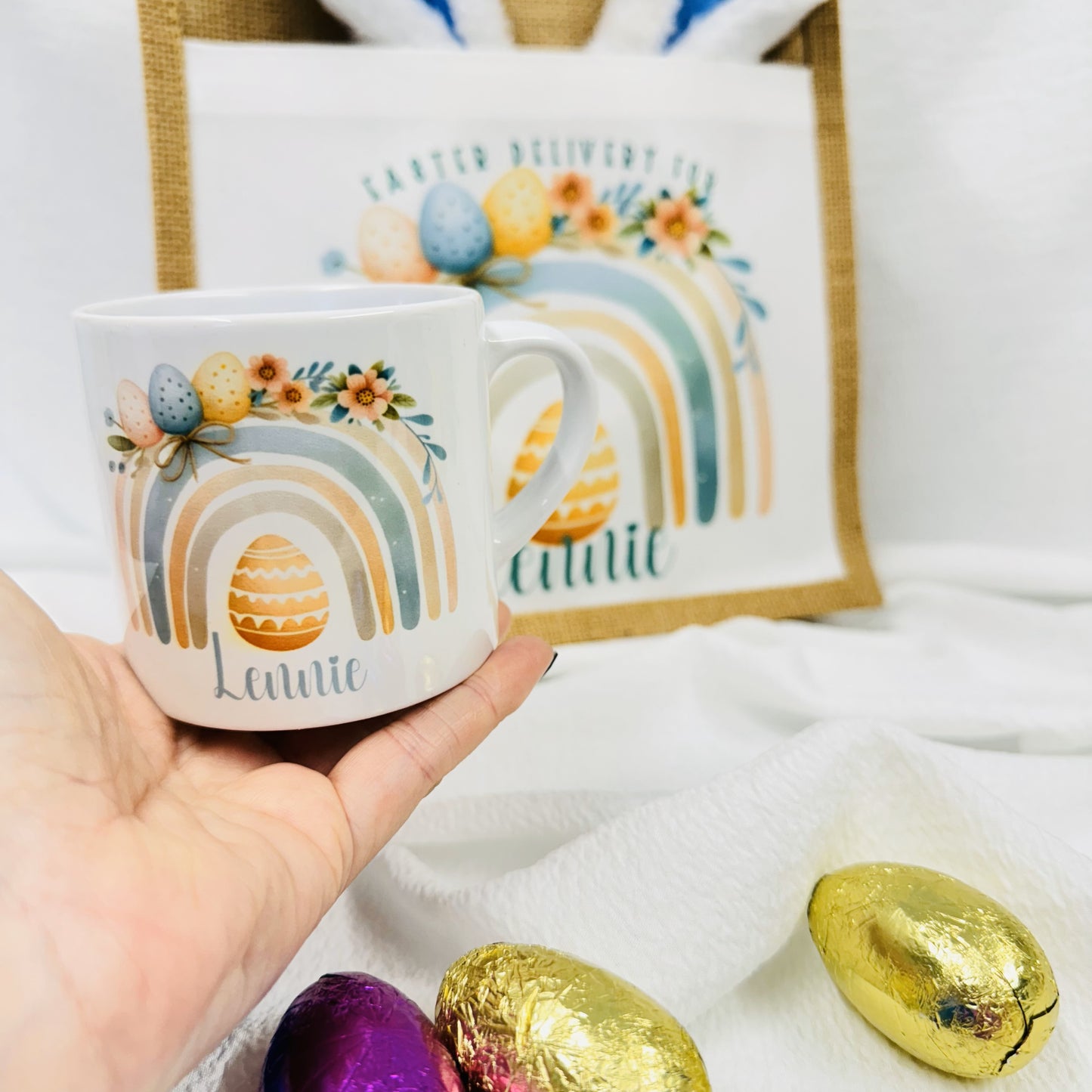 Easter Egg Delight Children's Mug | Personalised with Pastel Rainbow Design | Blue or Pink Name in 6oz or 11oz