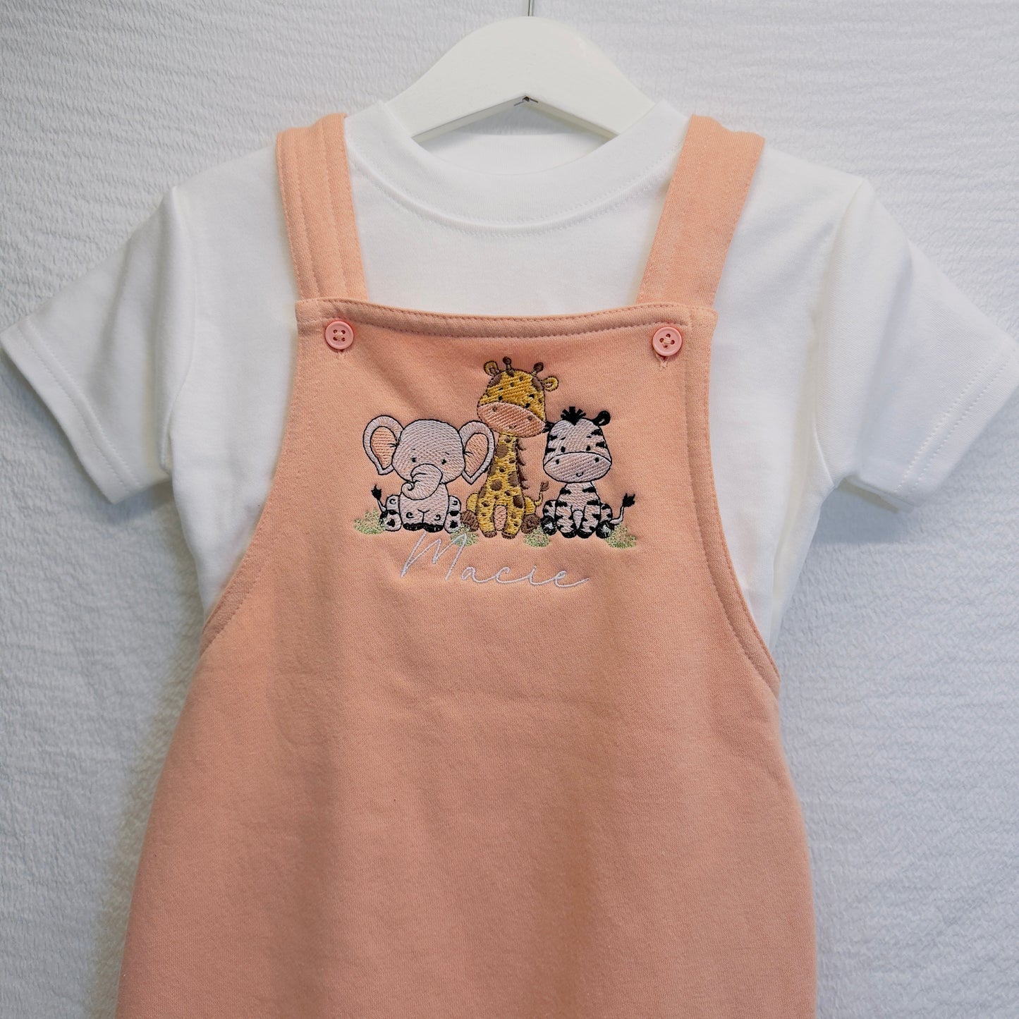 Personalised Kids Safari Dungarees with T-Shirt Set - Custom Name Embroidery, Multiple Colours
