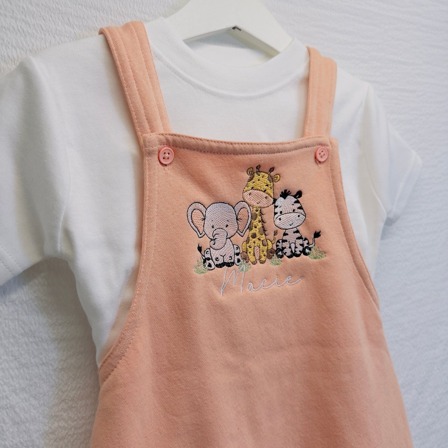 Personalised Kids Safari Dungarees with T-Shirt Set - Custom Name Embroidery, Multiple Colours
