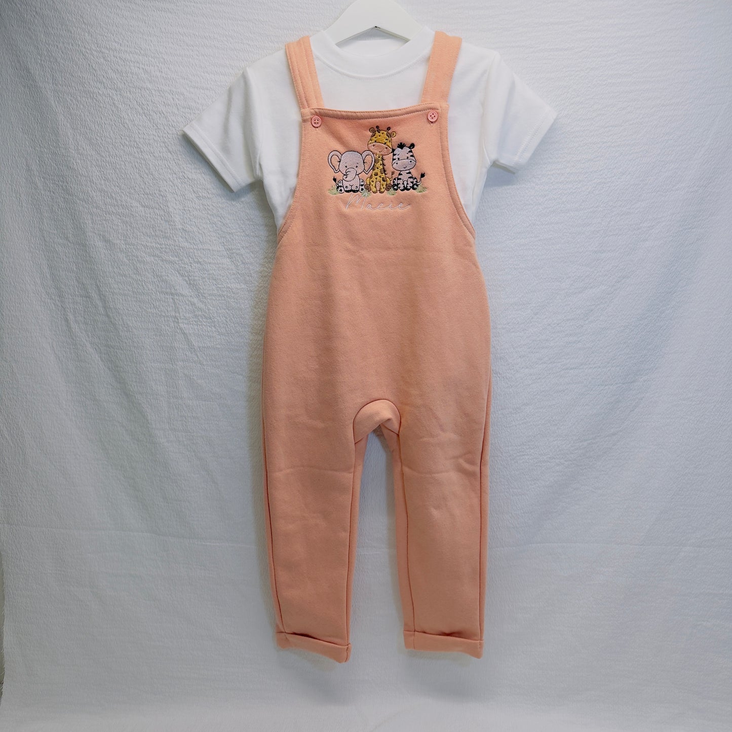 Personalised Kids Safari Dungarees with T-Shirt Set - Custom Name Embroidery, Multiple Colours
