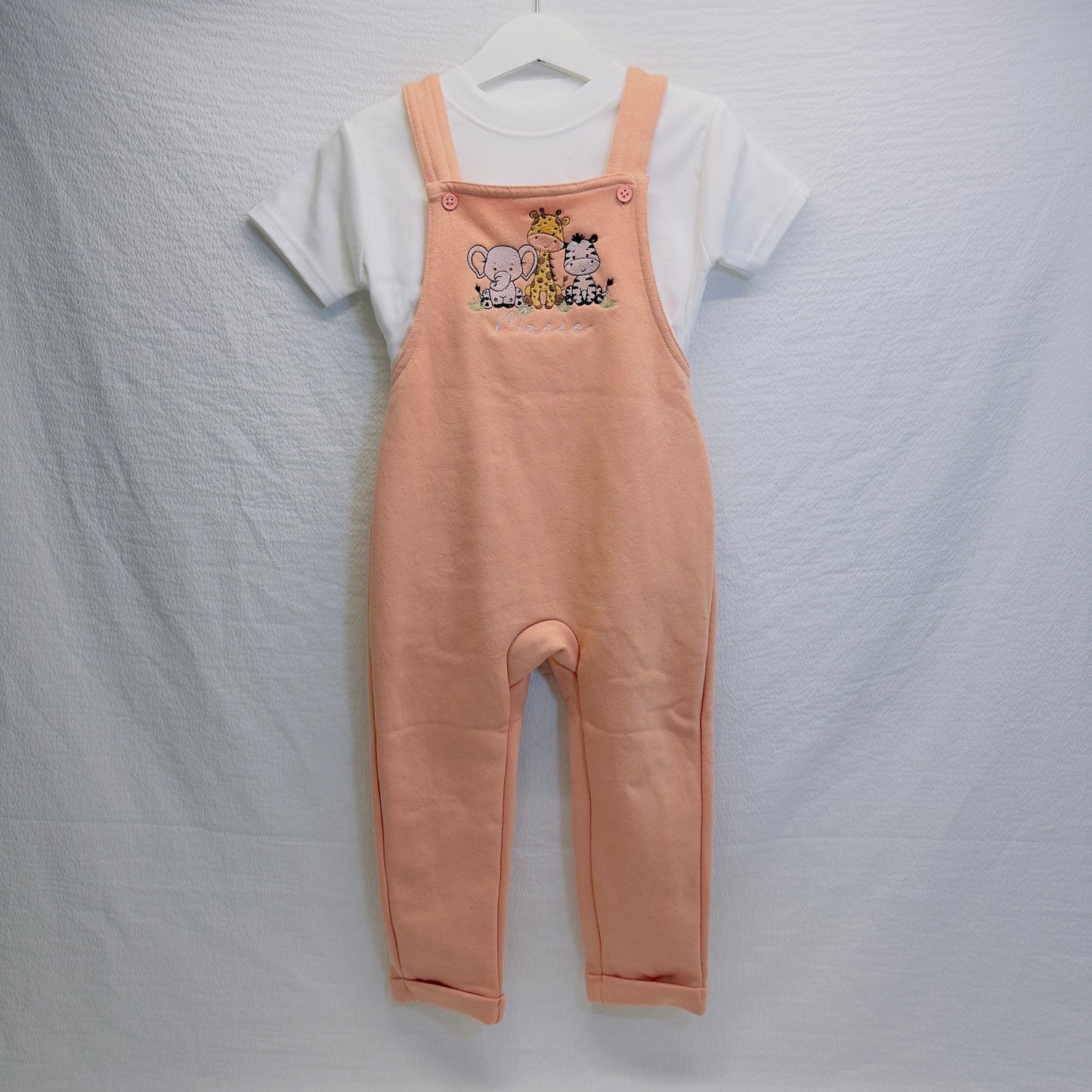 Personalised Kids Safari Dungarees with T-Shirt Set - Custom Name Embroidery, Multiple Colours