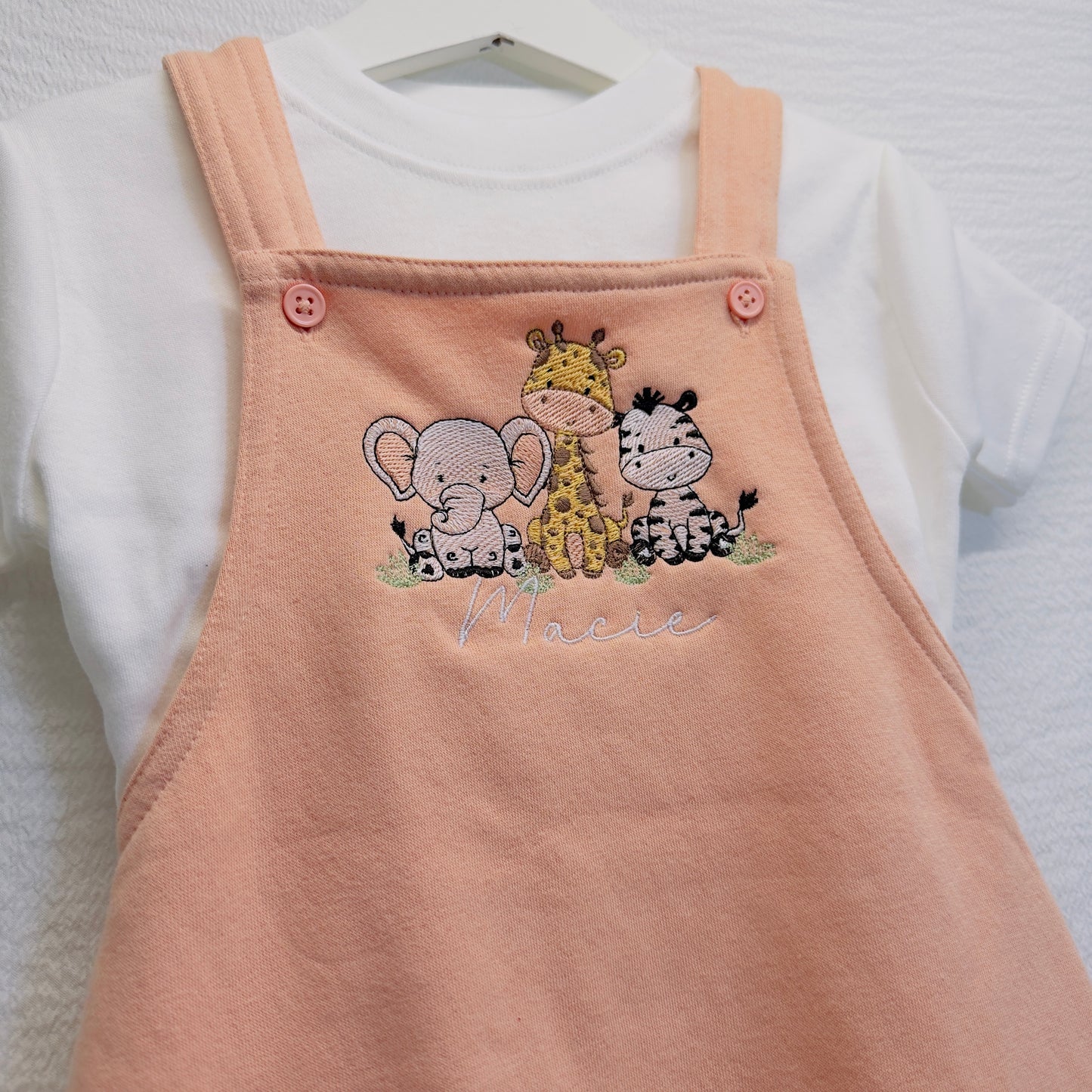 Personalised Kids Safari Dungarees with T-Shirt Set - Custom Name Embroidery, Multiple Colours