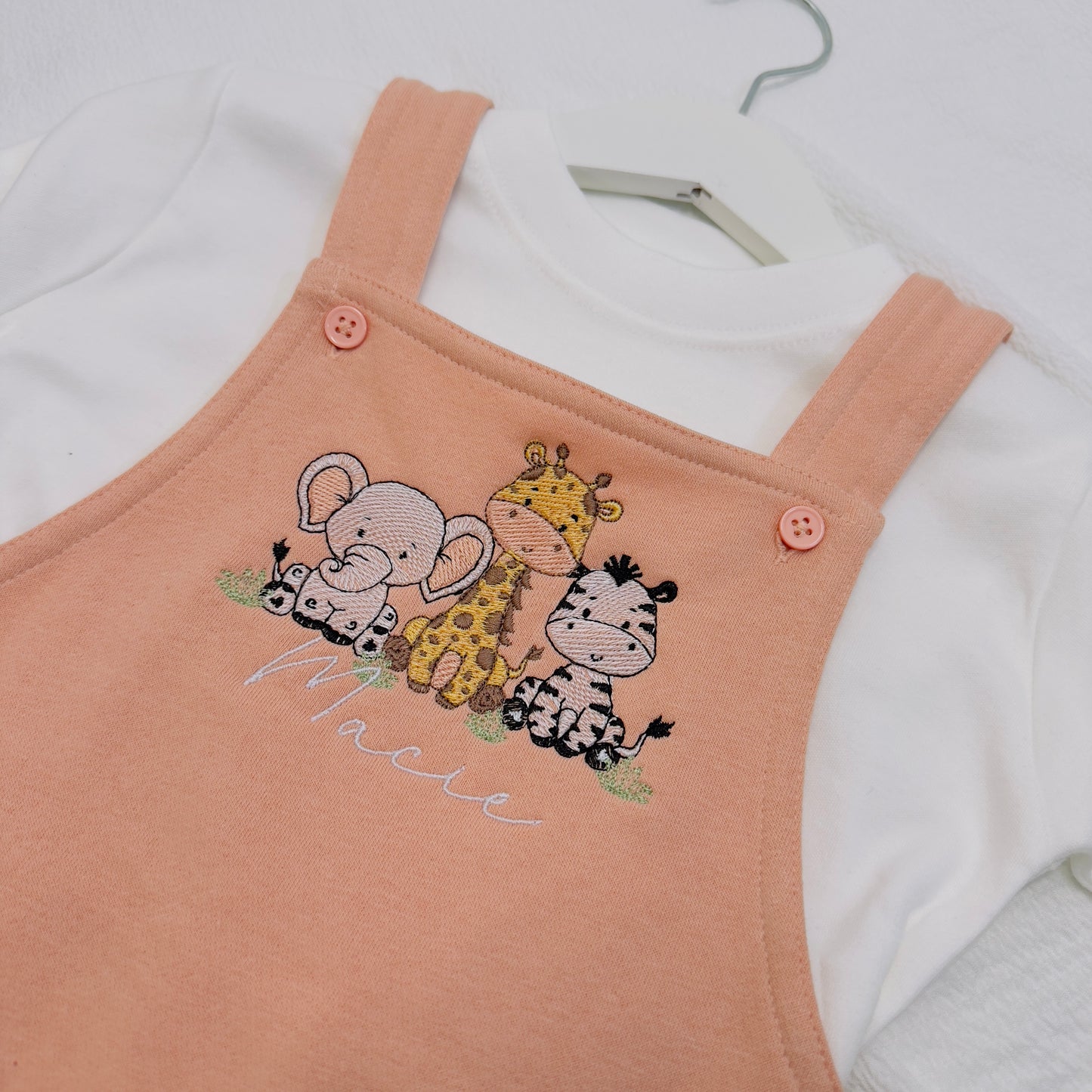 Personalised Kids Safari Dungarees with T-Shirt Set - Custom Name Embroidery, Multiple Colours