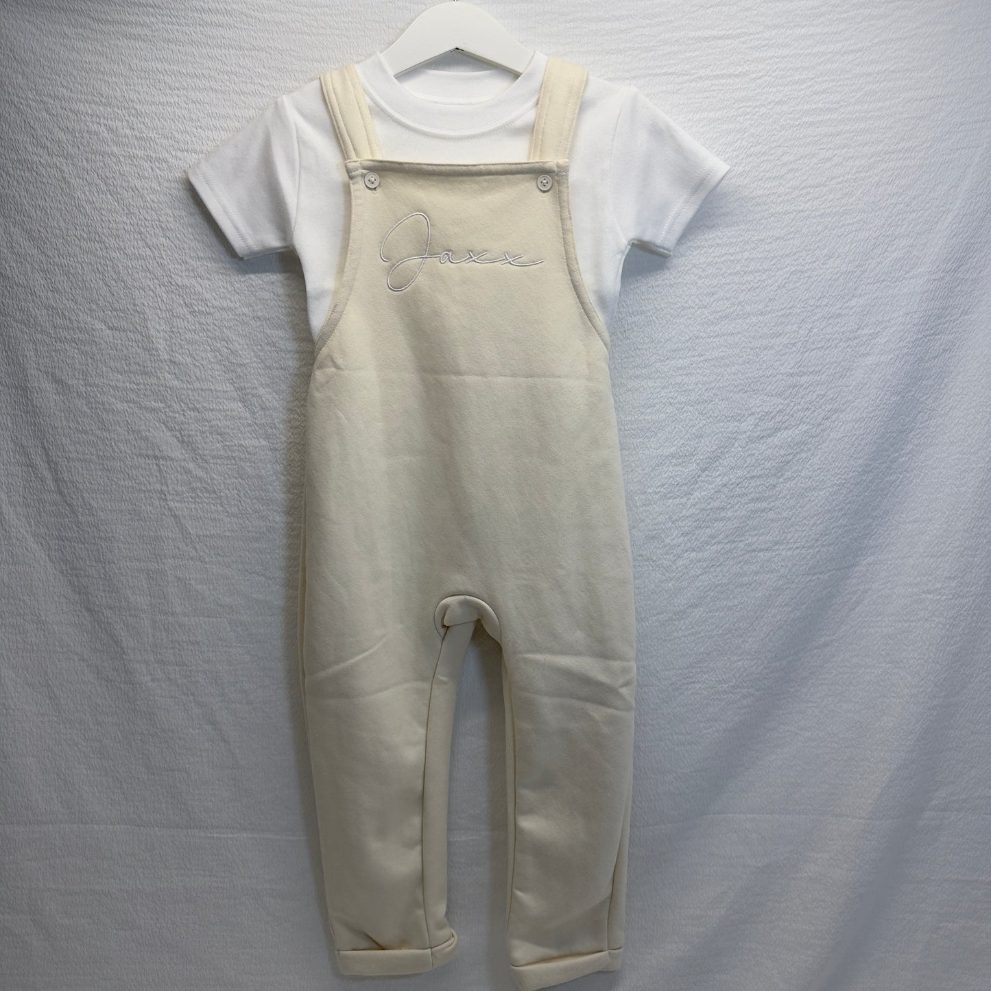 Custom Kids Dungarees and T-Shirt Outfit with Name Embroidery - Personalised Children's Gift