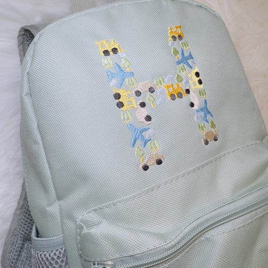 Children's Backpack with Cars, Planes, Trains, Personalised Embroidery, Various Colours