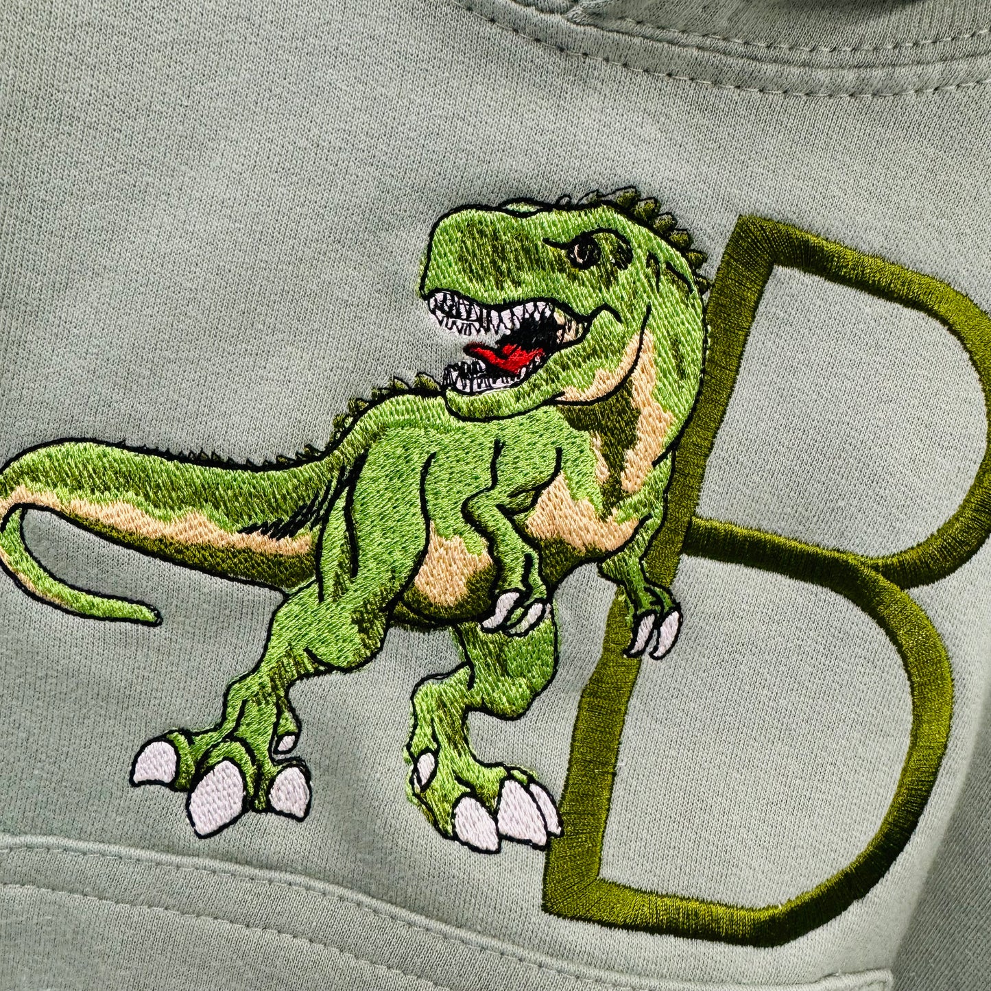 Adorable Sage Kids Hoodie with T-Rex Dinosaur and Embroidered Initial Detail