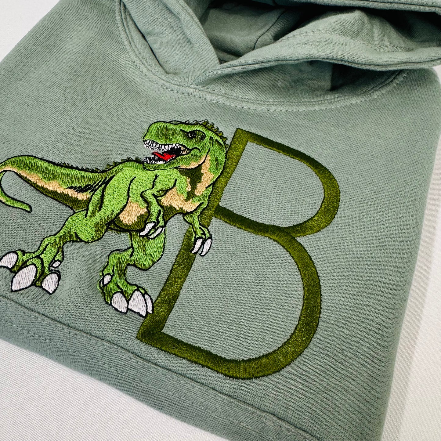 Adorable Sage Kids Hoodie with T-Rex Dinosaur and Embroidered Initial Detail