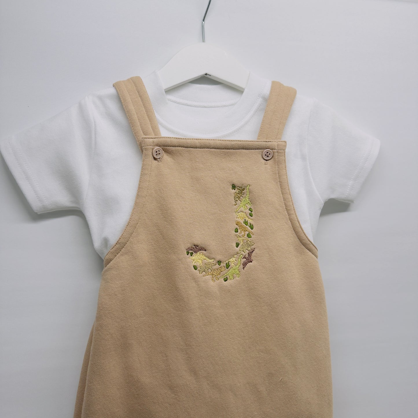 Dinosaur Initial Children's Dungarees and T-shirt Set. Personalised Kids Outfit