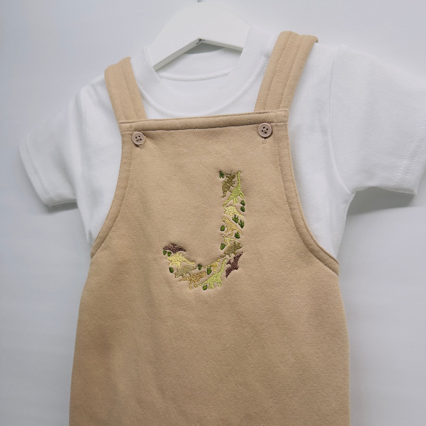 Dinosaur Initial Children's Dungarees and T-shirt Set. Personalised Kids Outfit