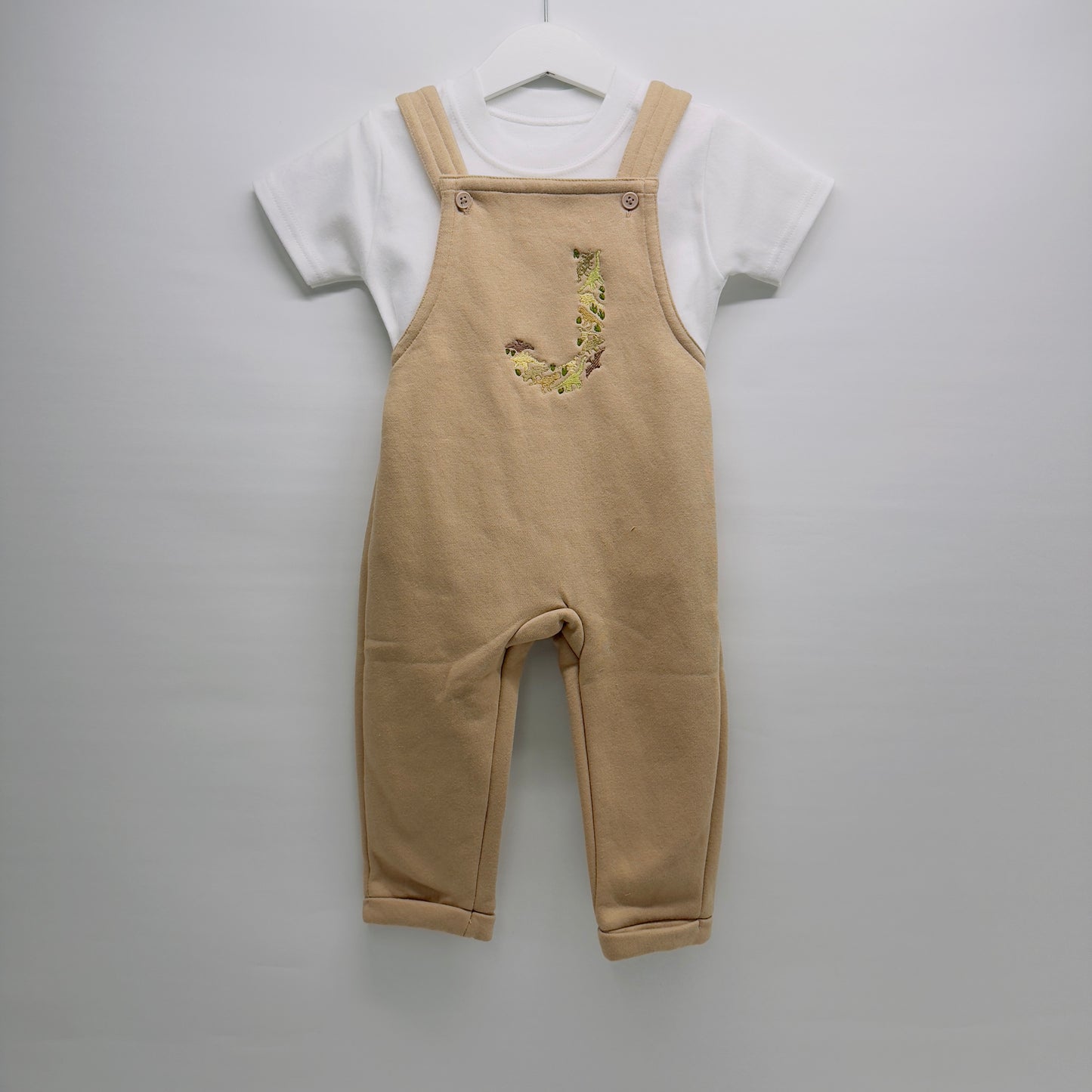 Dinosaur Initial Children's Dungarees and T-shirt Set. Personalised Kids Outfit