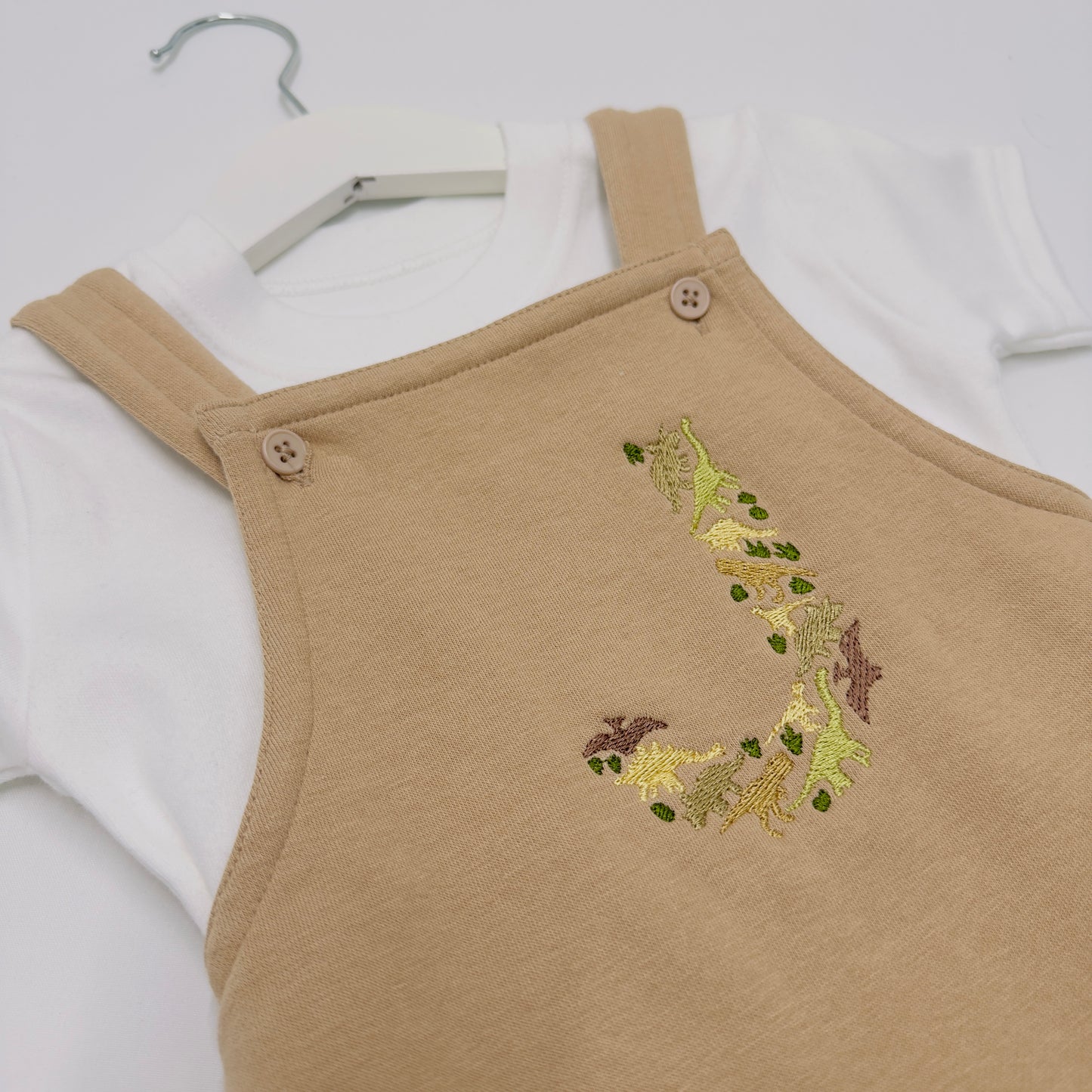 Dinosaur Initial Children's Dungarees and T-shirt Set. Personalised Kids Outfit
