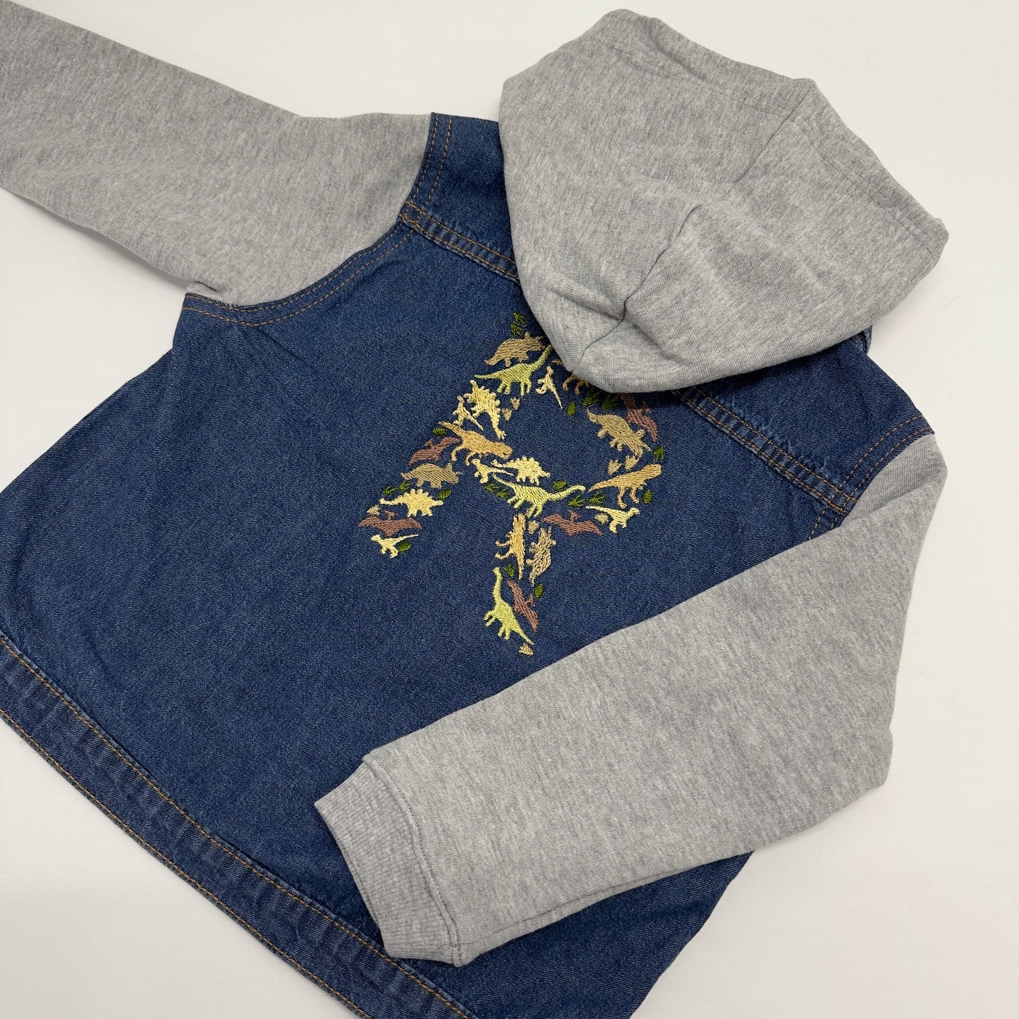 Dinosaur Initial Embroidered Personalised Denim Jacket - Button Closure, Cotton Sleeves and Hood