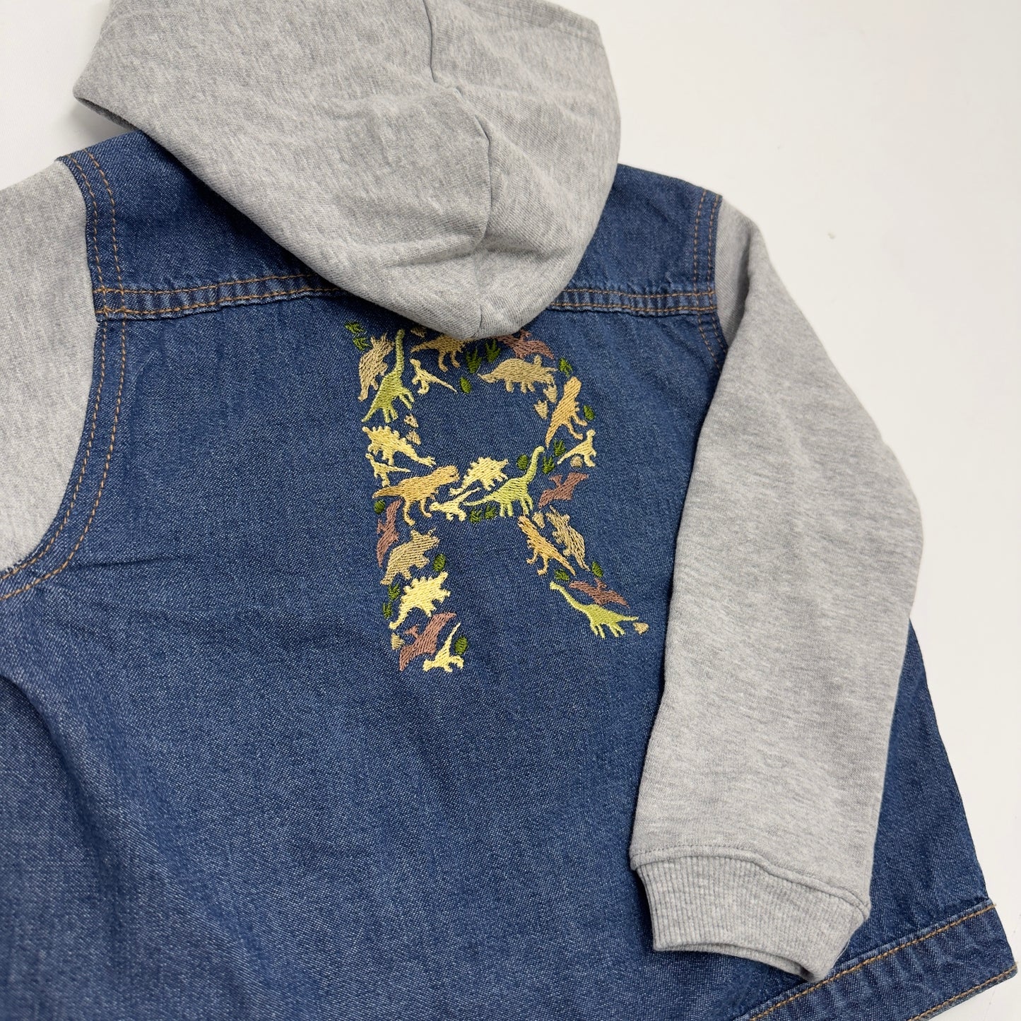 Dinosaur Initial Embroidered Personalised Denim Jacket - Button Closure, Cotton Sleeves and Hood
