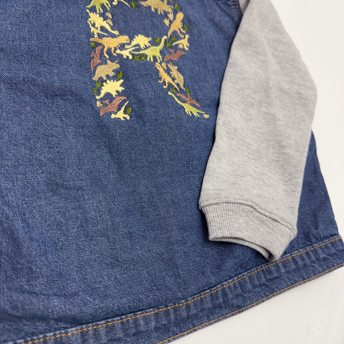 Dinosaur Initial Embroidered Personalised Denim Jacket - Button Closure, Cotton Sleeves and Hood