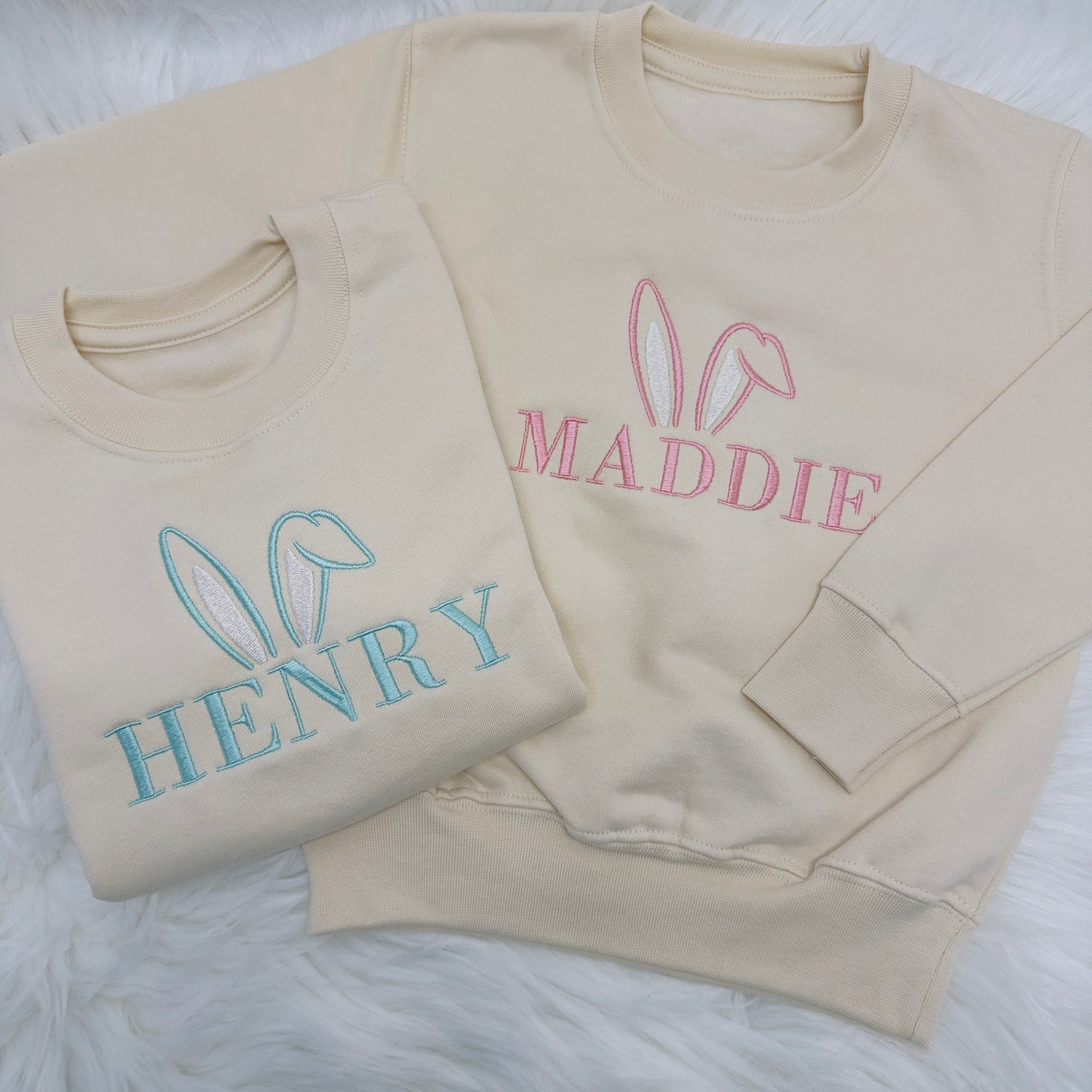 Bunny Ears Embroidered Easter Sweater Personalised. Easter Egg Hunt Outfit.