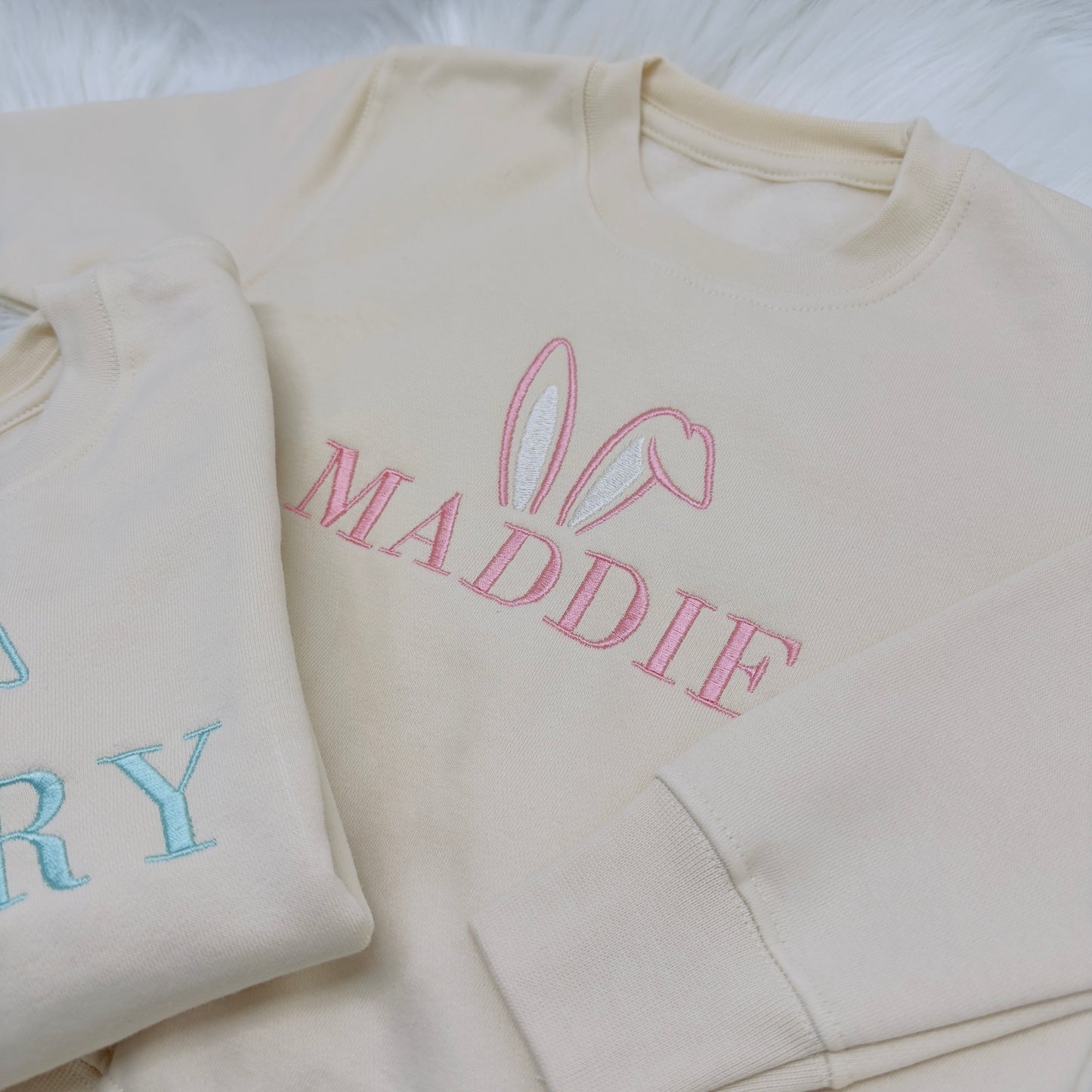 Bunny Ears Embroidered Easter Sweater Personalised. Easter Egg Hunt Outfit.