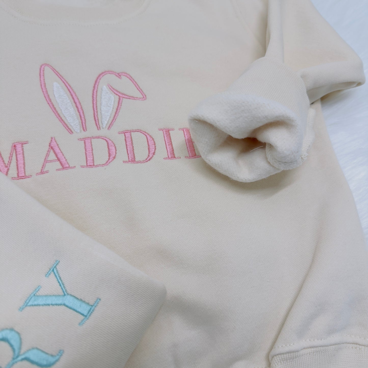 Bunny Ears Embroidered Easter Sweater Personalised. Easter Egg Hunt Outfit.