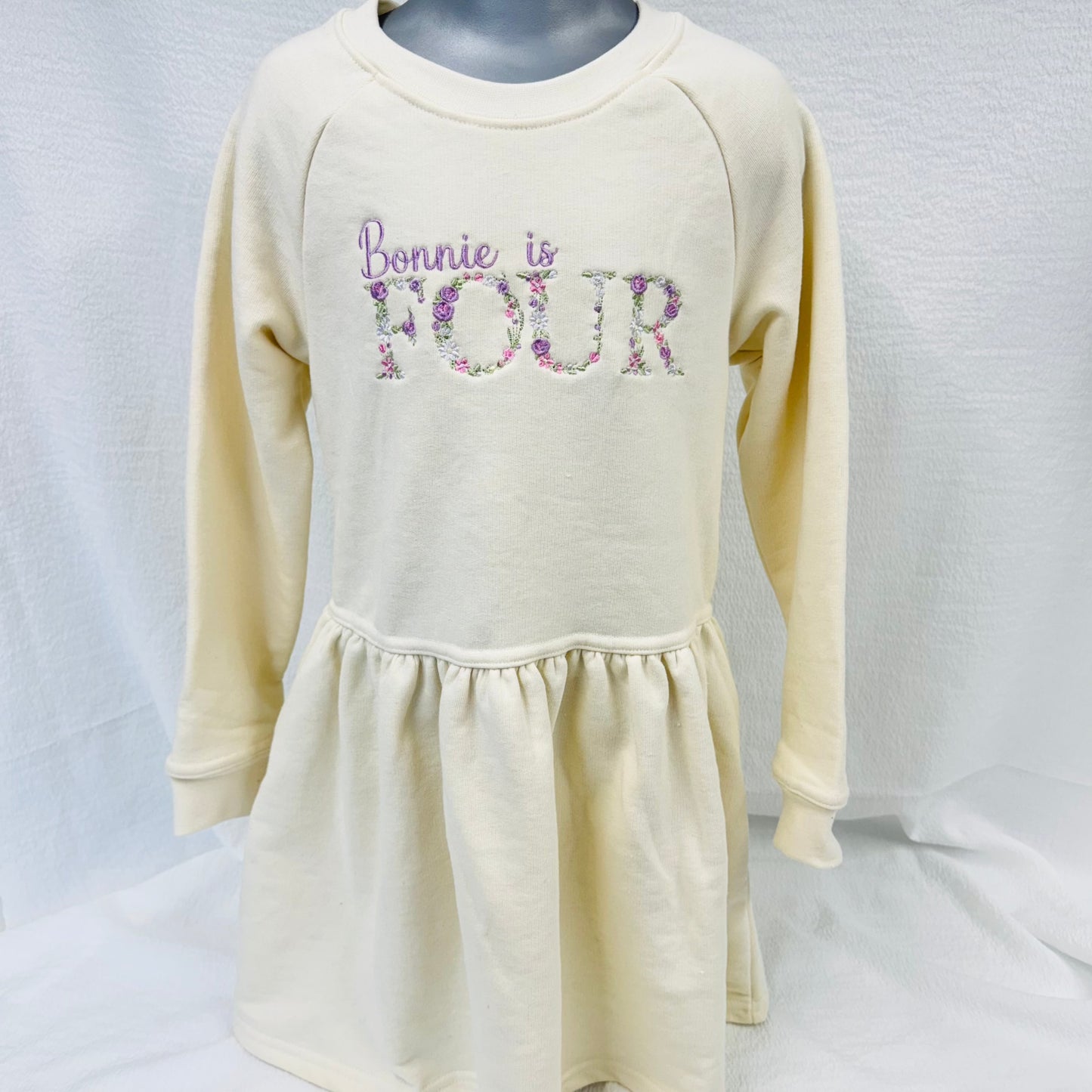 Personalised Children's Birthday Sweater Dress with Embroidered Name and Age, Floral Design